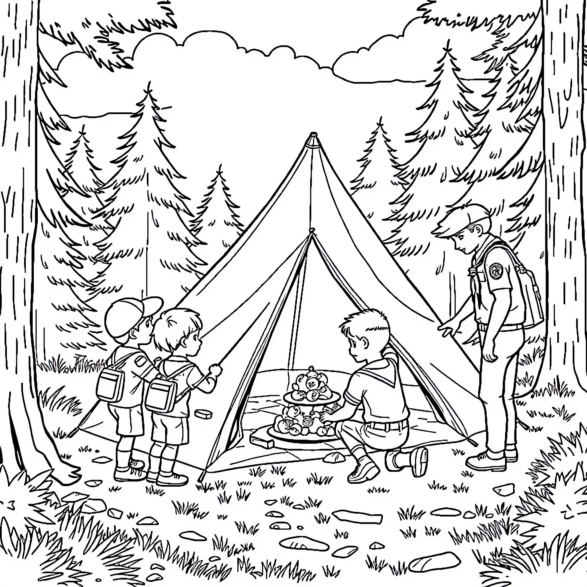 Cub Scouts camping in the forest Coloring Page (free black-and-white line drawing printable PDF for all, from beginners to advanced learners, including children, teens, adults, and seniors)