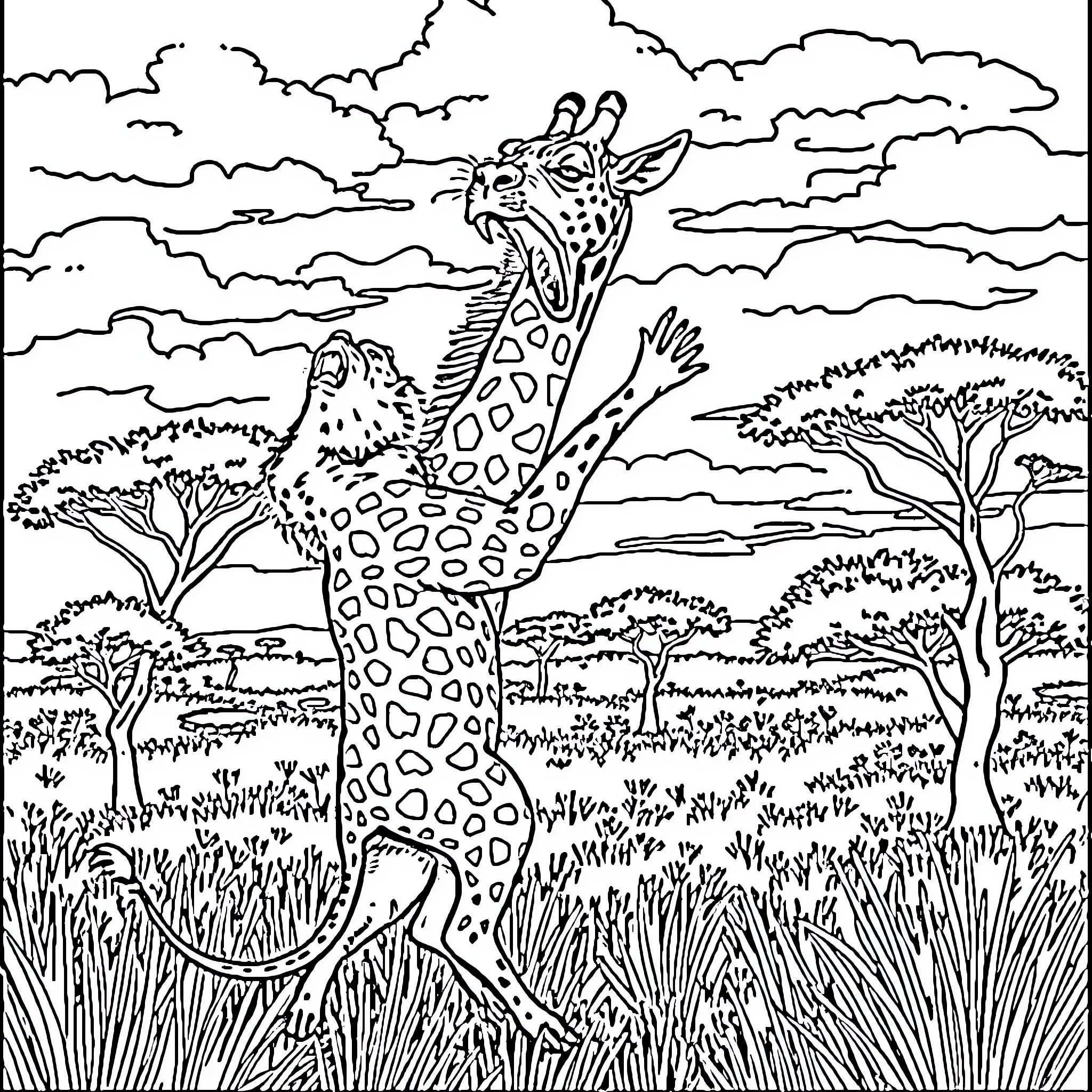 Predator giraffe stalking through the savanna Coloring Page (free black-and-white line drawing printable PDF for all, from beginners to advanced learners, including children, teens, adults, and seniors)