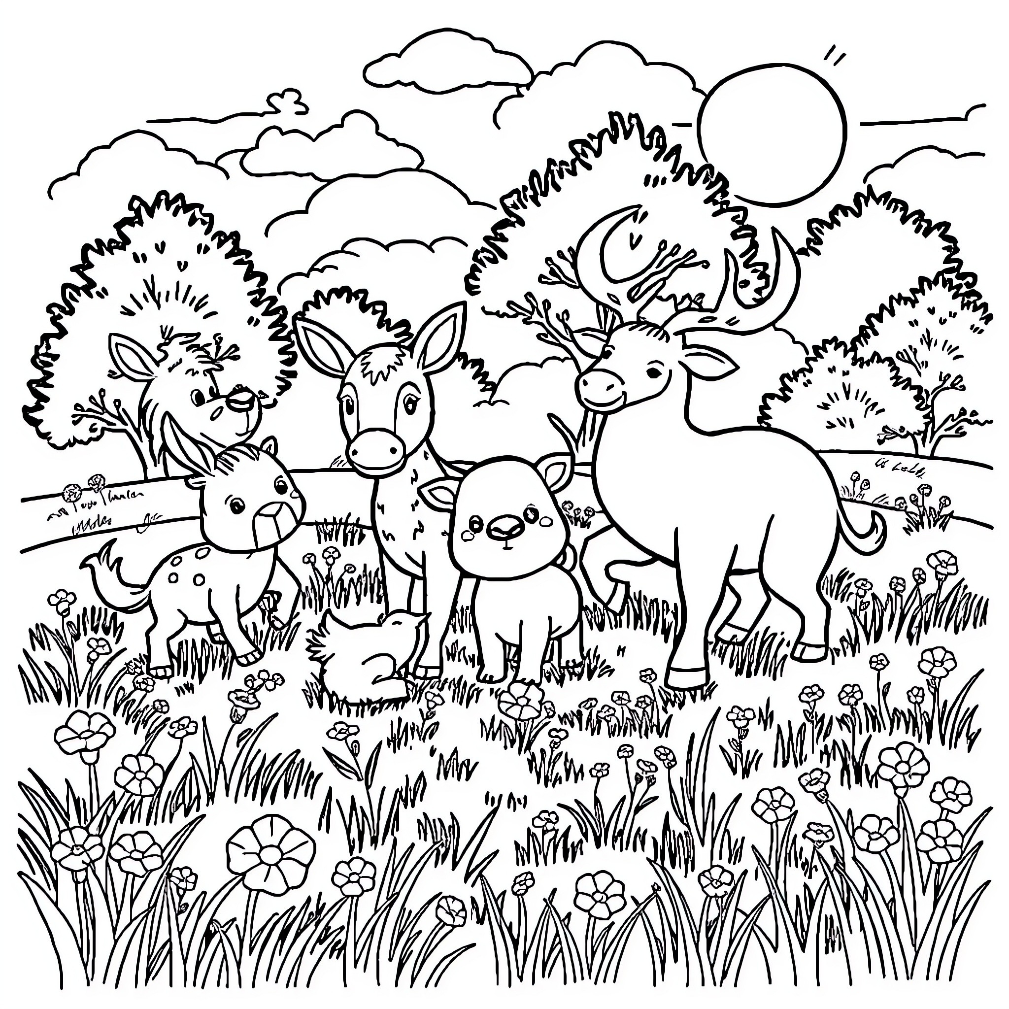 Animal herd of deer in a meadow Coloring Page (free black-and-white line drawing printable PDF for all, from beginners to advanced learners, including children, teens, adults, and seniors)