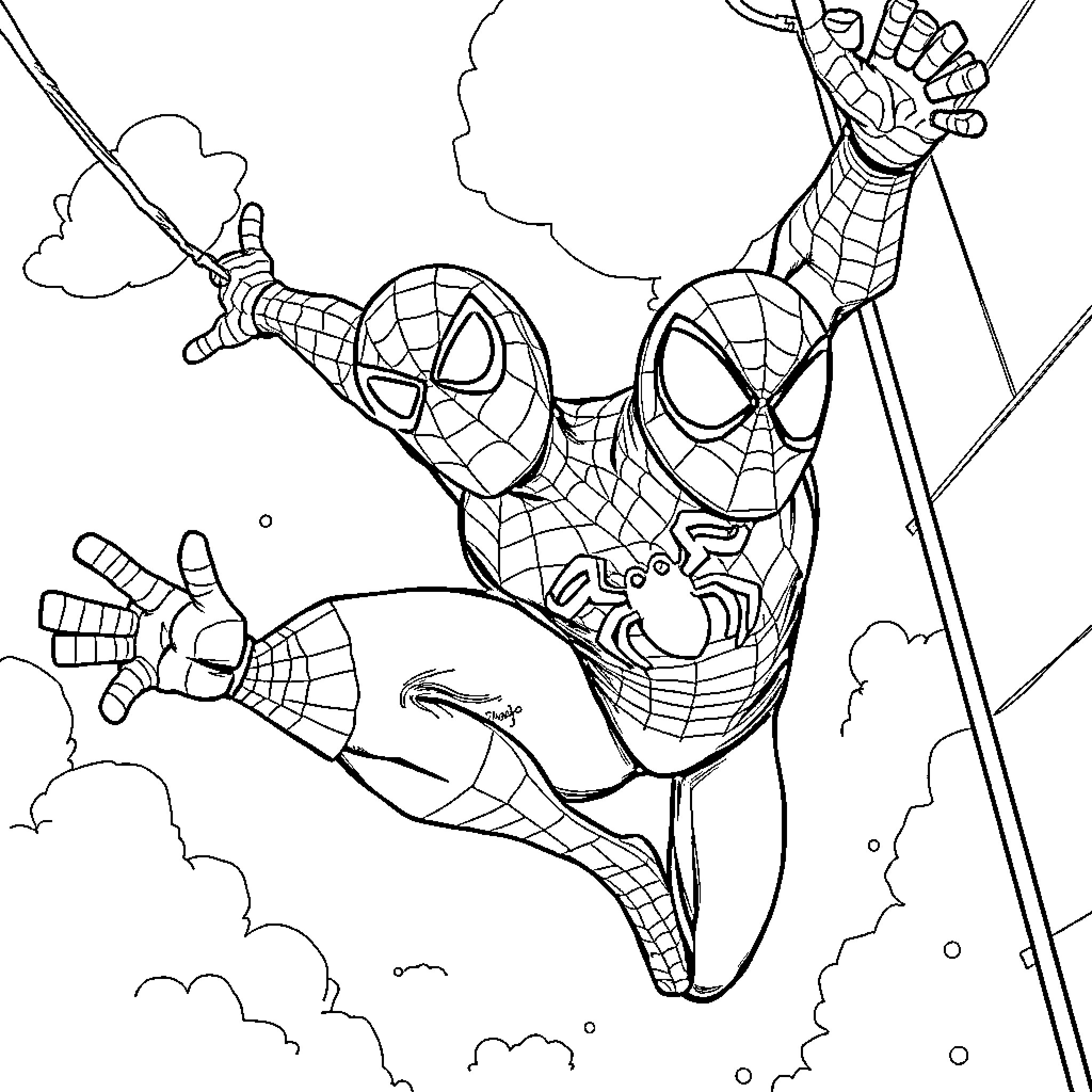 Spiderman swinging into action against villains Coloring Page (free black-and-white line drawing printable PDF for all, from beginners to advanced learners, including children, teens, adults, and seniors)