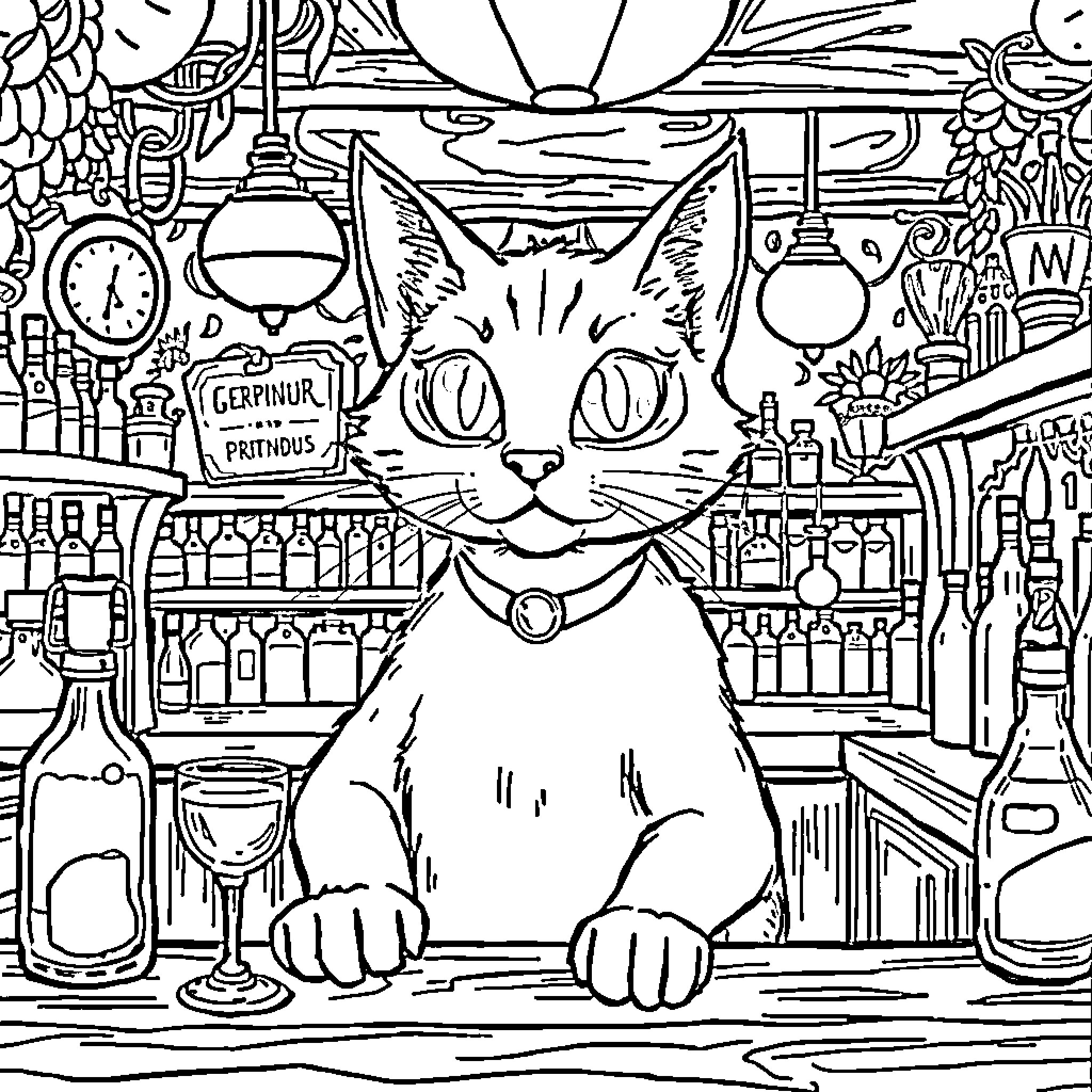 Cat enjoying a night out at the pub Coloring Page (free black-and-white line drawing printable PDF for all, from beginners to advanced learners, including children, teens, adults, and seniors)