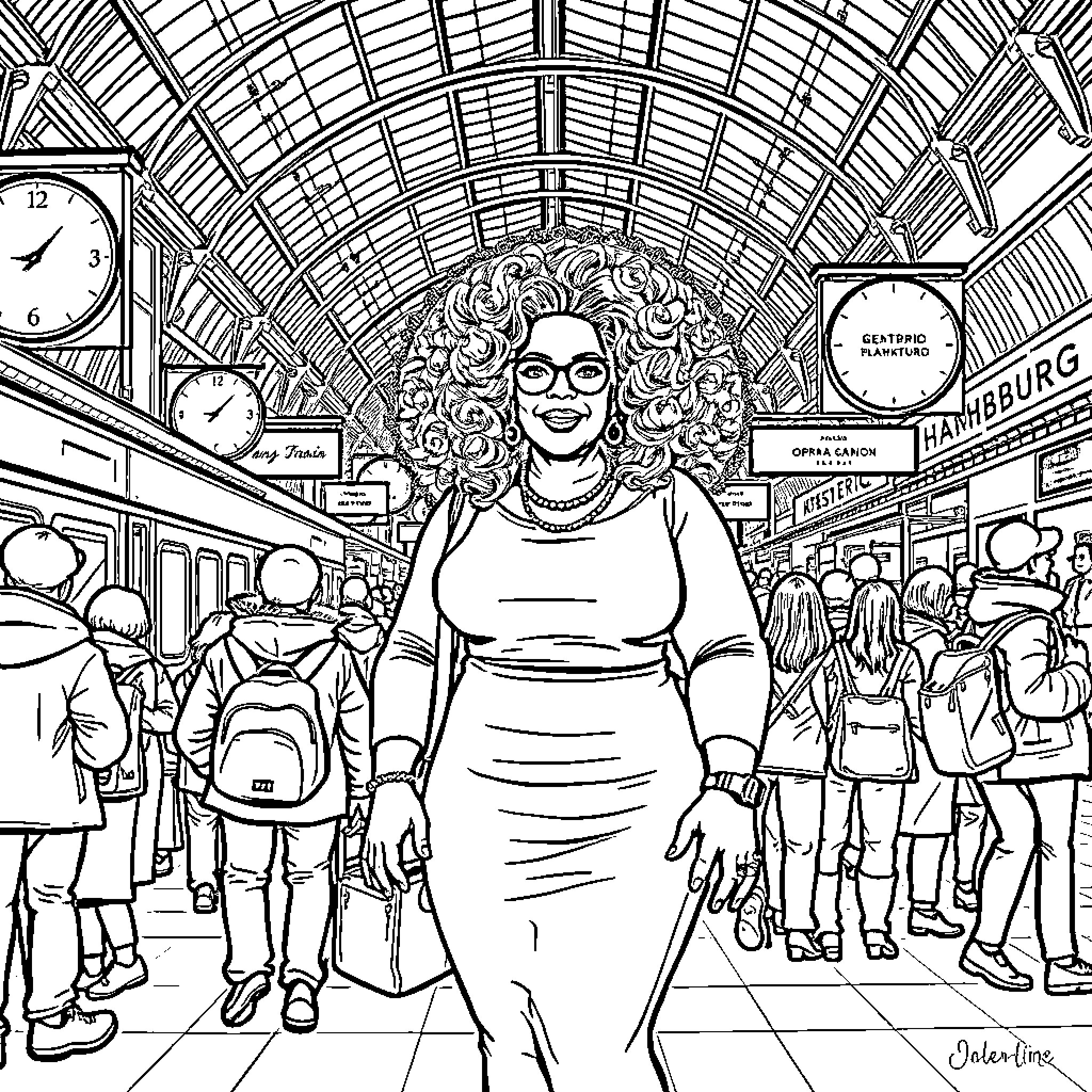 Oprah Winfrey's Radiant Presence in a Bustling Train Station Coloring Page (free black-and-white line drawing printable PDF for all, from beginners to advanced learners, including children, teens, adults, and seniors)
