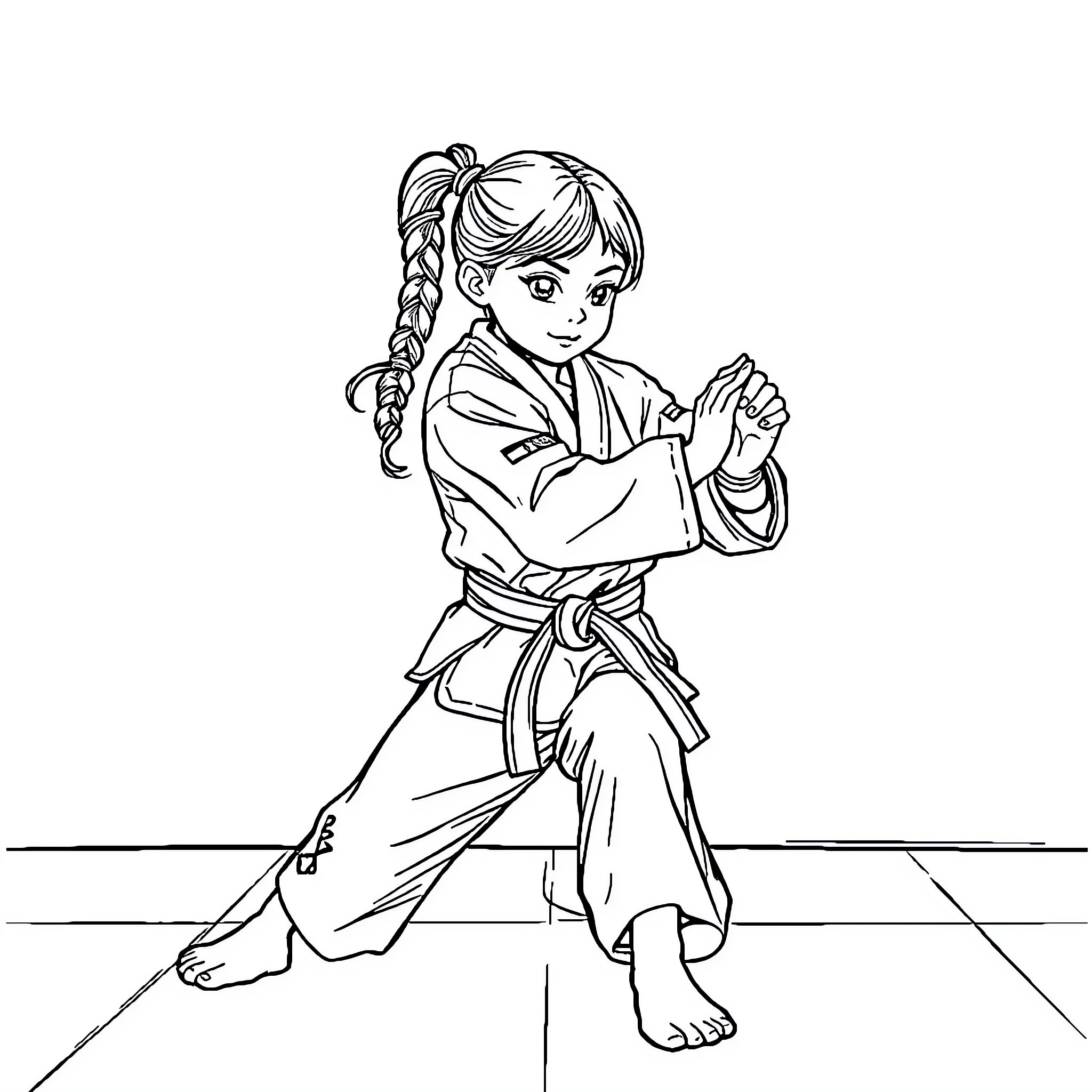 Girl practicing martial arts with determination Coloring Page (free black-and-white line drawing printable PDF for all, from beginners to advanced learners, including children, teens, adults, and seniors)