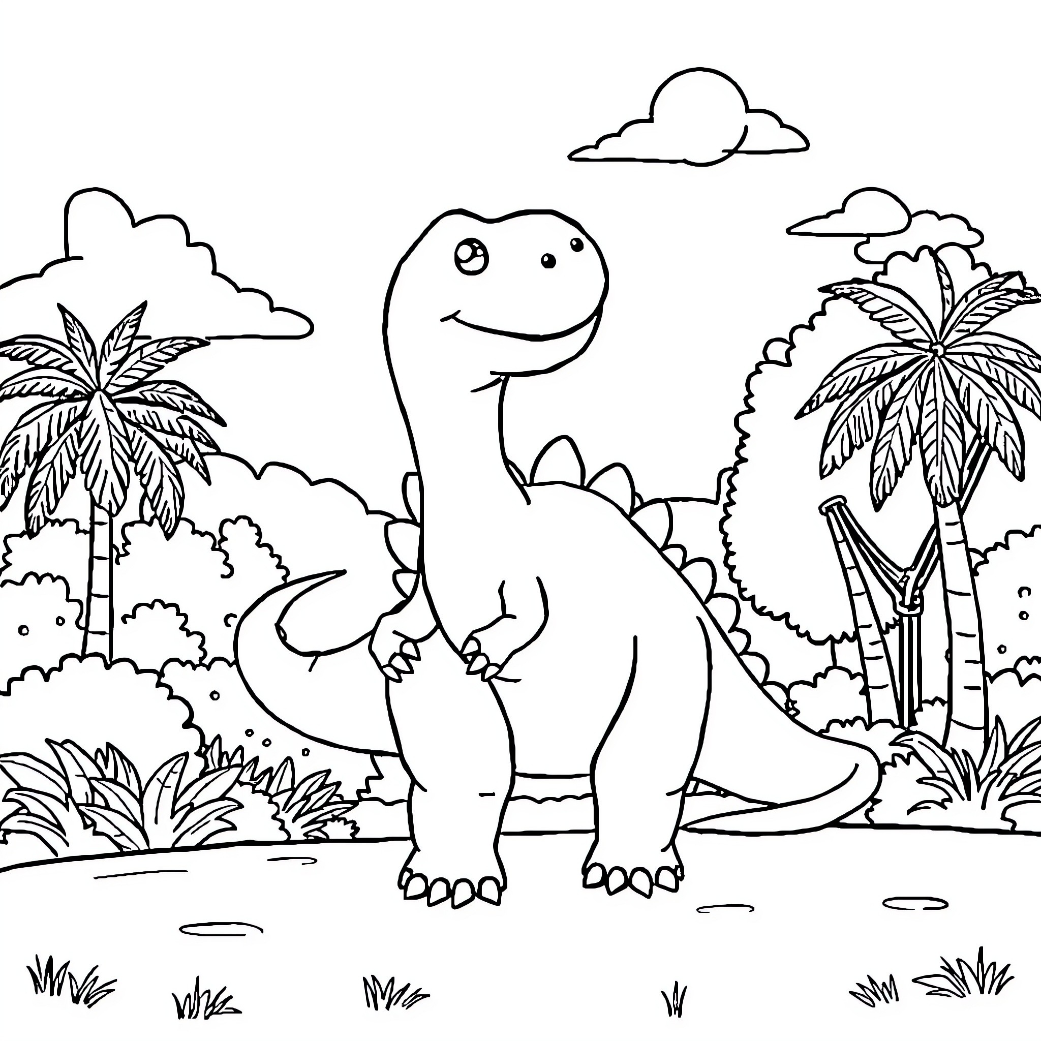 Dino happily exploring tropical landscape Coloring Page (free black-and-white line drawing printable PDF for all, from beginners to advanced learners, including children, teens, adults, and seniors)