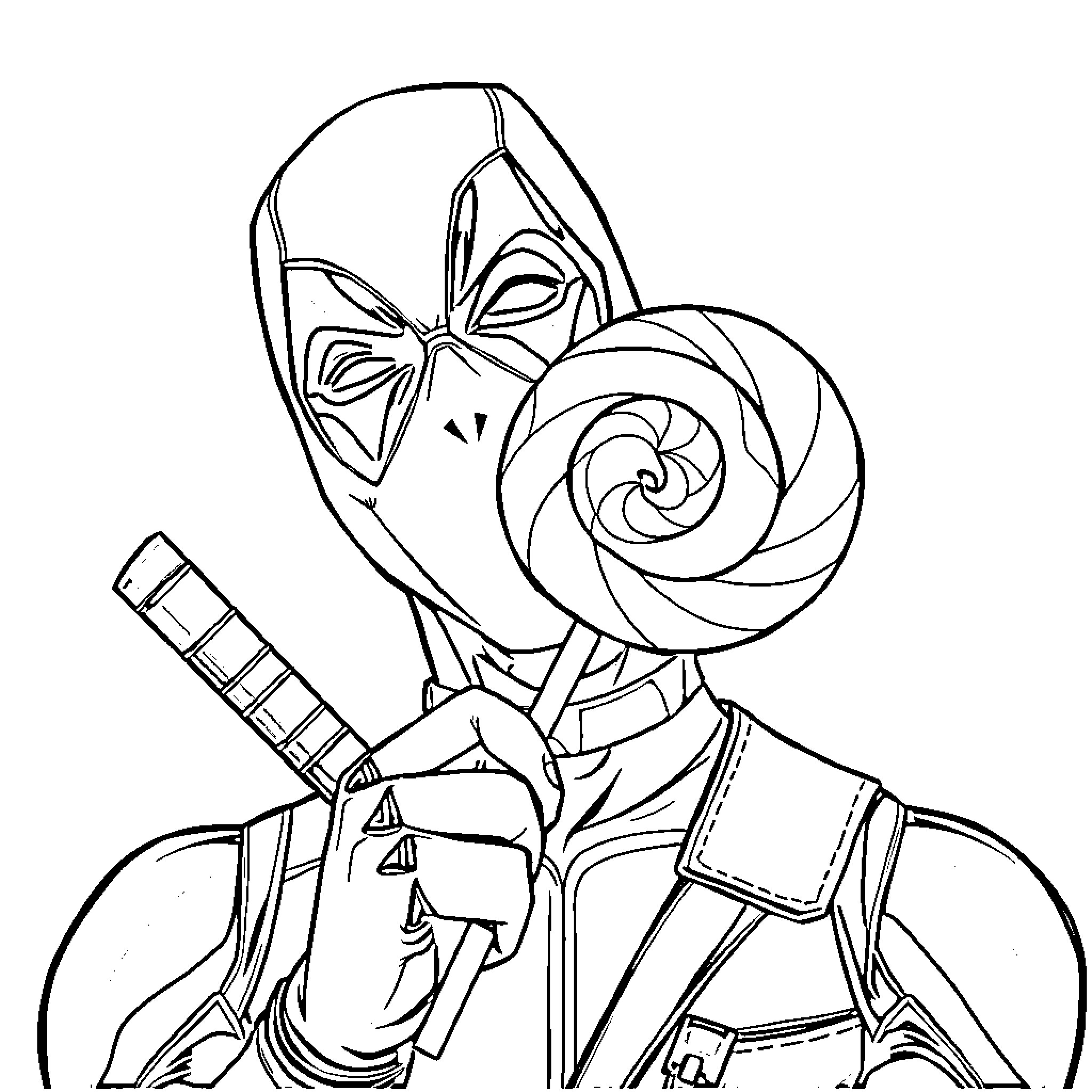 Deadpool holding colorful lollipop and posing heroically Coloring Page (free black-and-white line drawing printable PDF for all, from beginners to advanced learners, including children, teens, adults, and seniors)