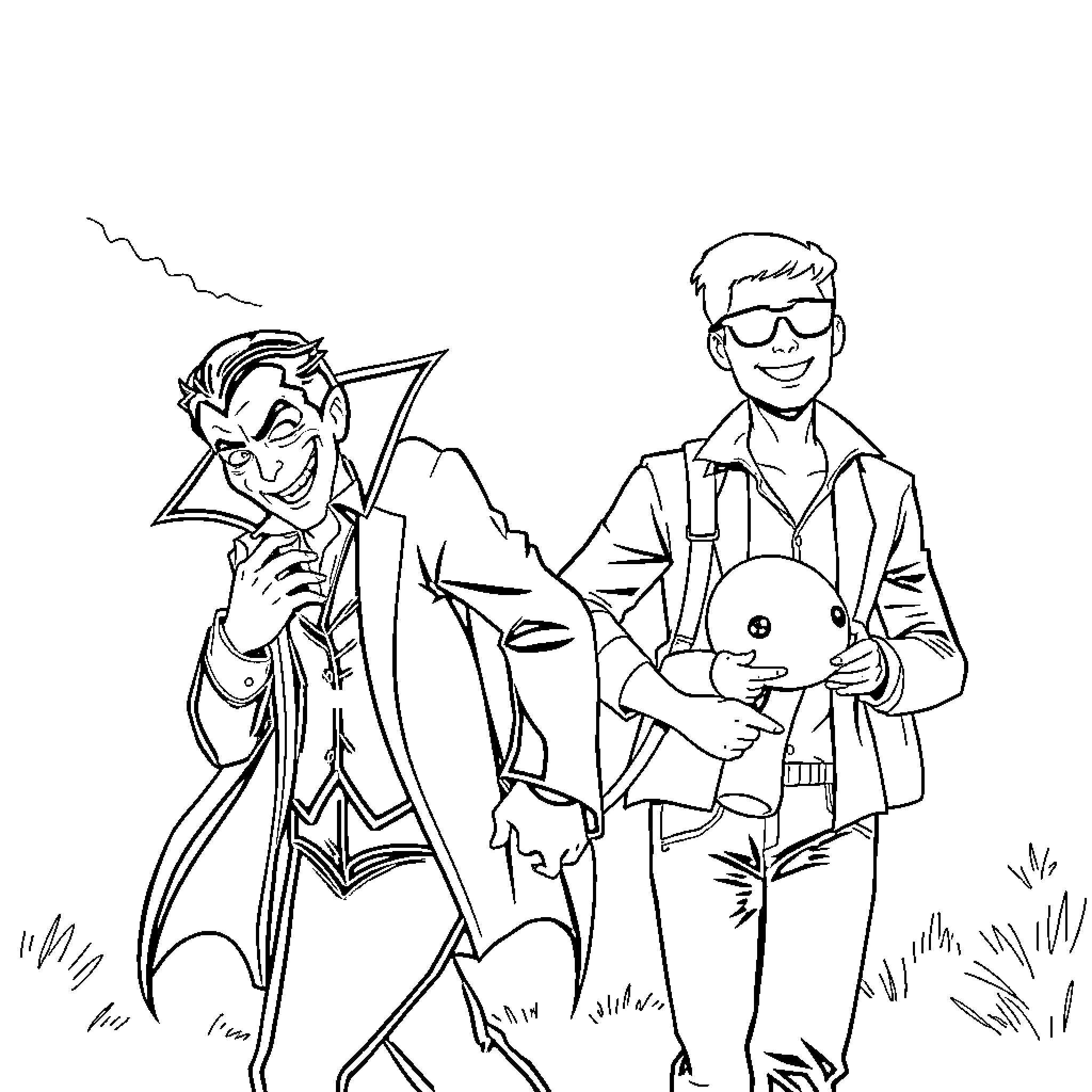 Vampire pranking a friend in the park Coloring Page (free black-and-white line drawing printable PDF for all, from beginners to advanced learners, including children, teens, adults, and seniors)