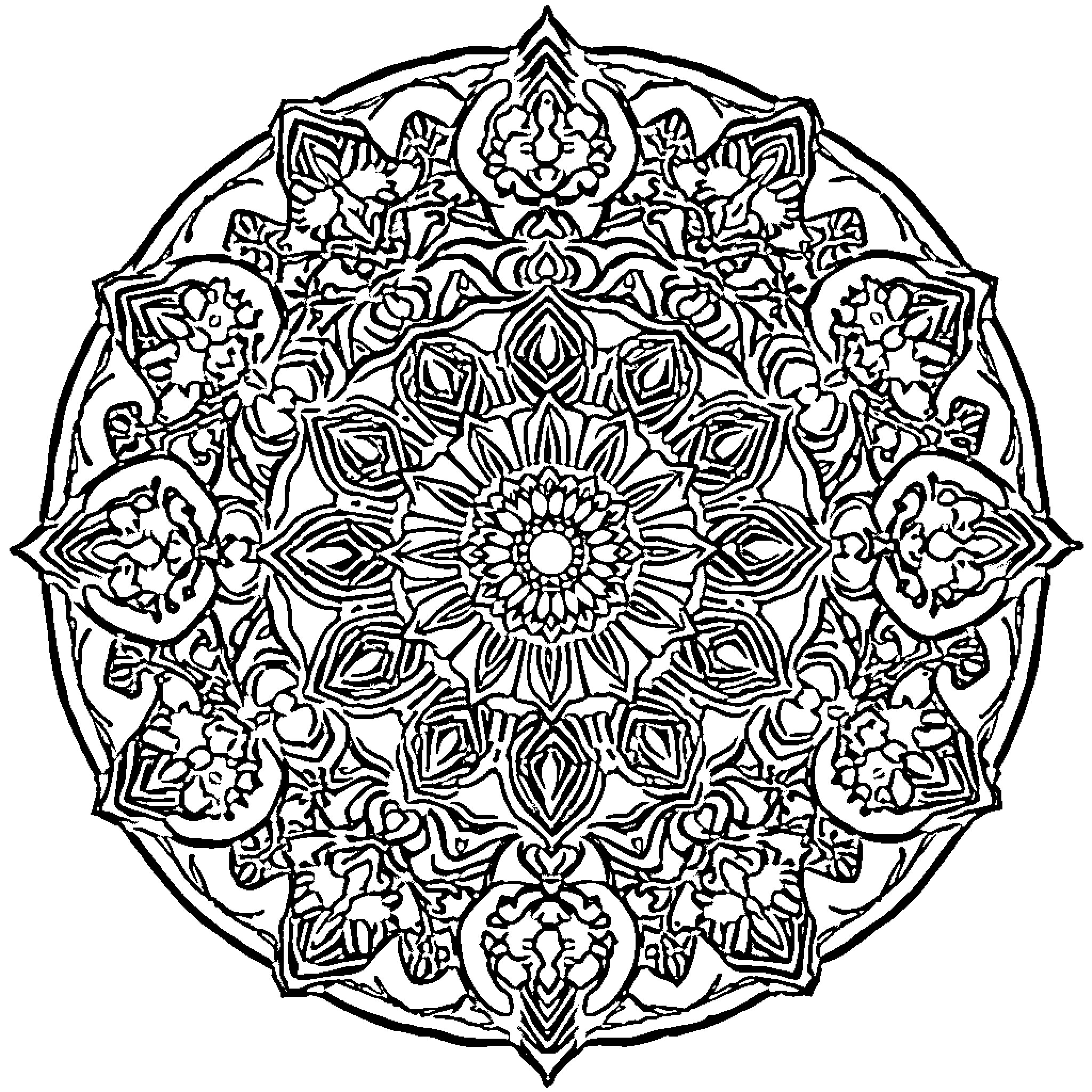 Stitch detailed floral mandala pattern Coloring Page (free black-and-white line drawing printable PDF for all, from beginners to advanced learners, including children, teens, adults, and seniors)