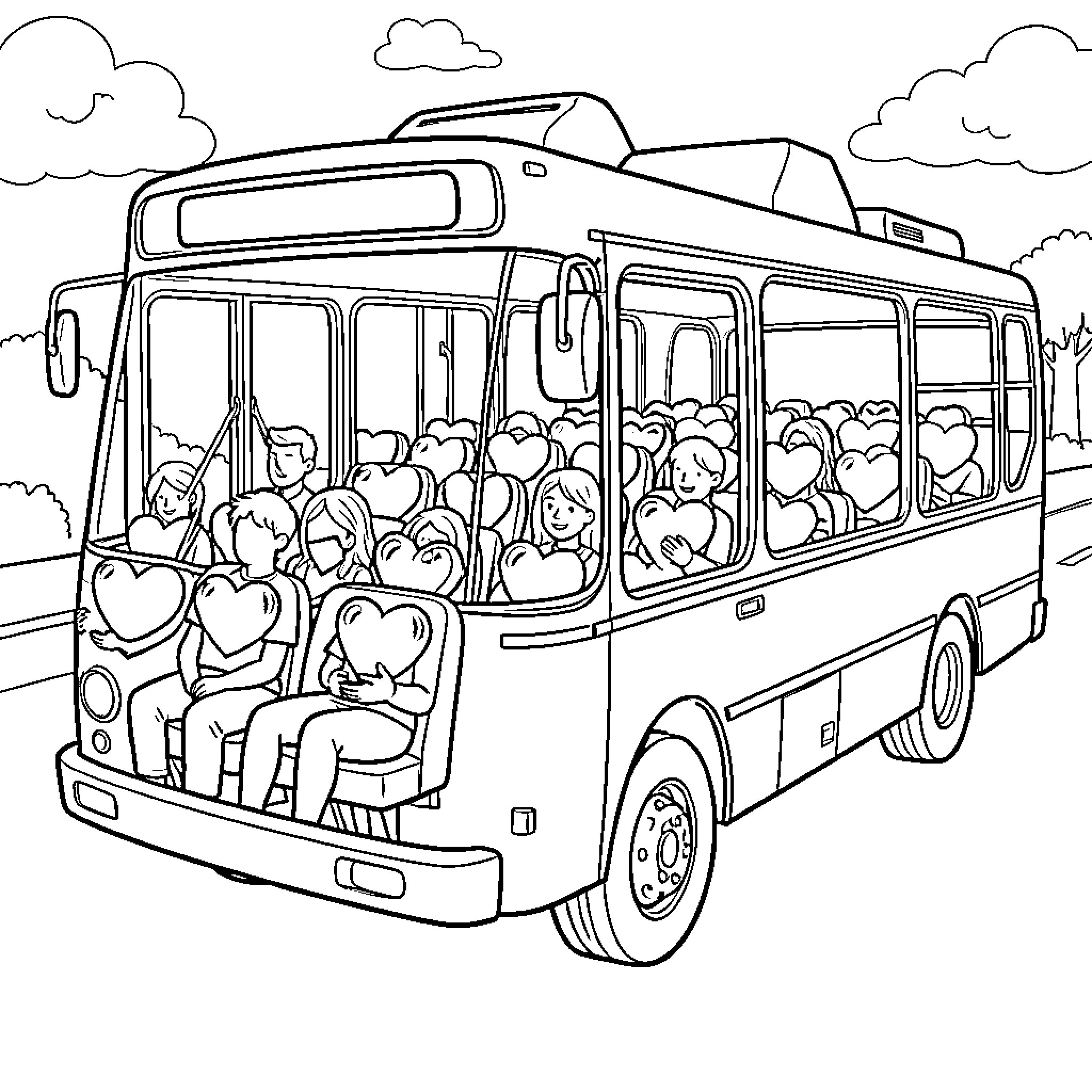 Bus with Crowded Passengers Traveling Coloring Page (free black-and-white line drawing printable PDF for all, from beginners to advanced learners, including children, teens, adults, and seniors)