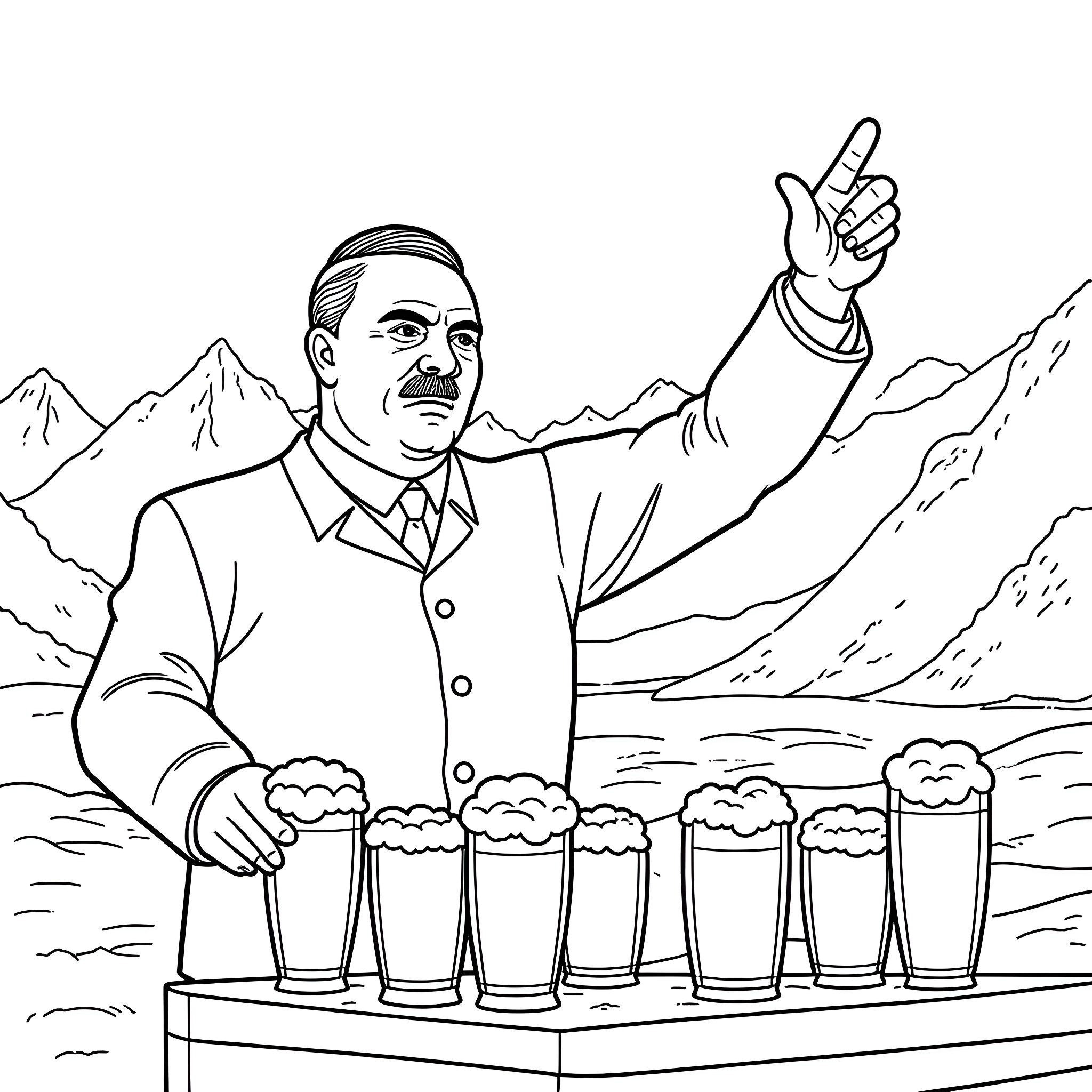 Adolf Hitler serving beer to mountain climbers Coloring Page (free black-and-white line drawing printable PDF for all, from beginners to advanced learners, including children, teens, adults, and seniors)