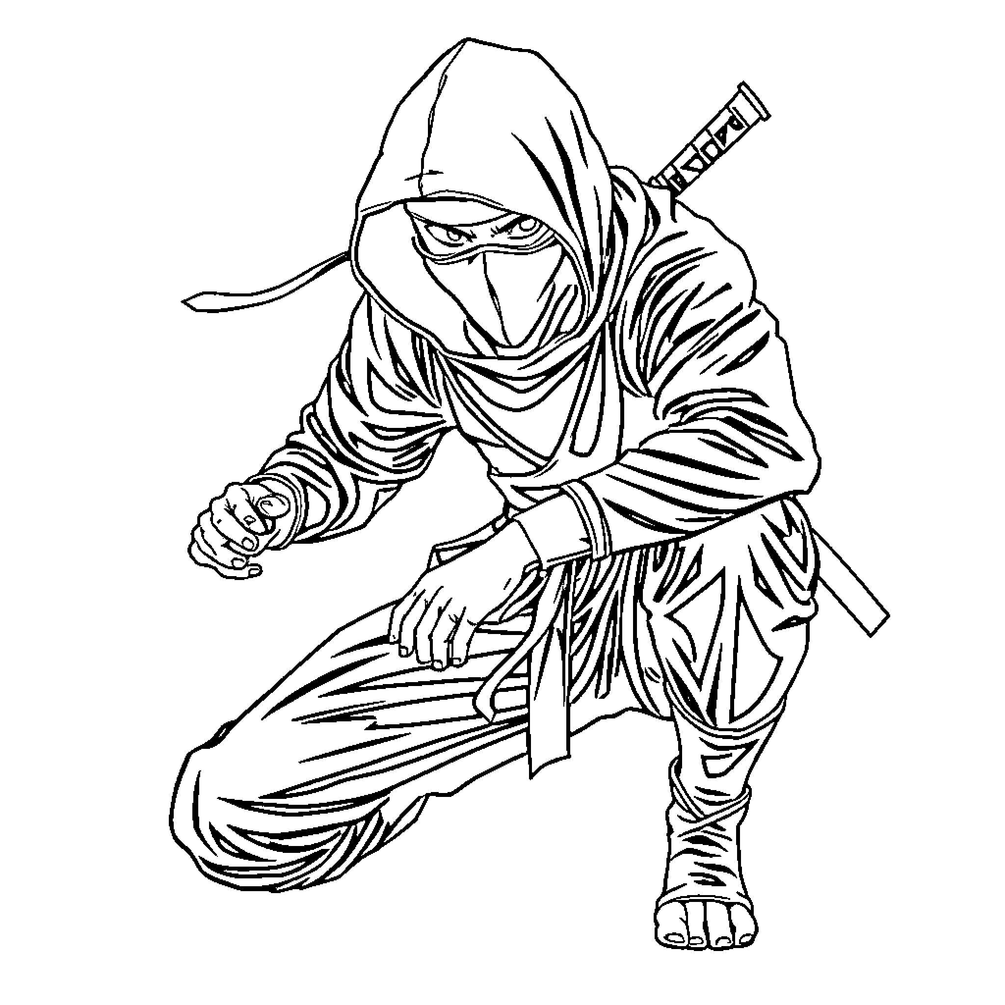 Ninja ready to strike with stealth and speed Coloring Page (free black-and-white line drawing printable PDF for all, from beginners to advanced learners, including children, teens, adults, and seniors)