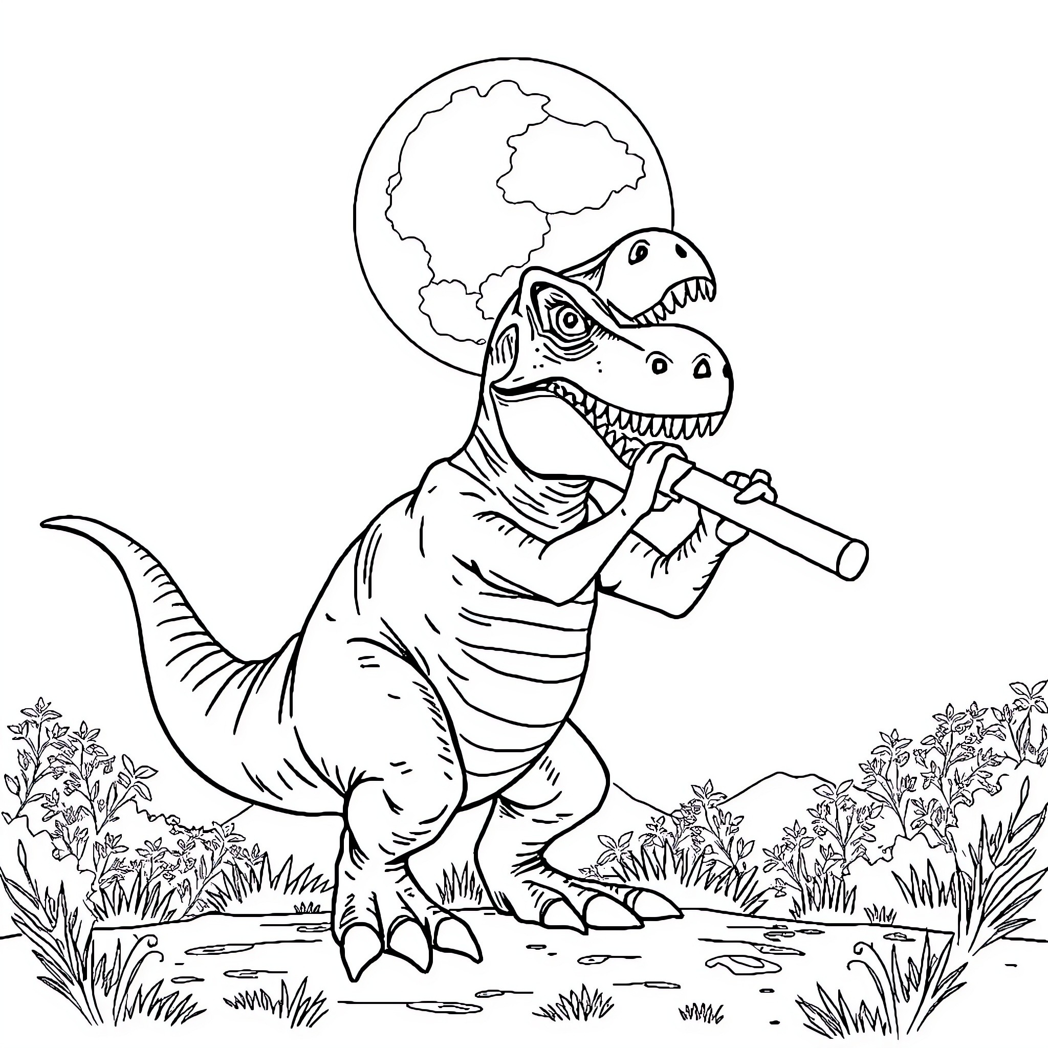 T-Rex Playing Trumpet in Moonlit Meadow Coloring Page (free black-and-white line drawing printable PDF for all, from beginners to advanced learners, including children, teens, adults, and seniors)