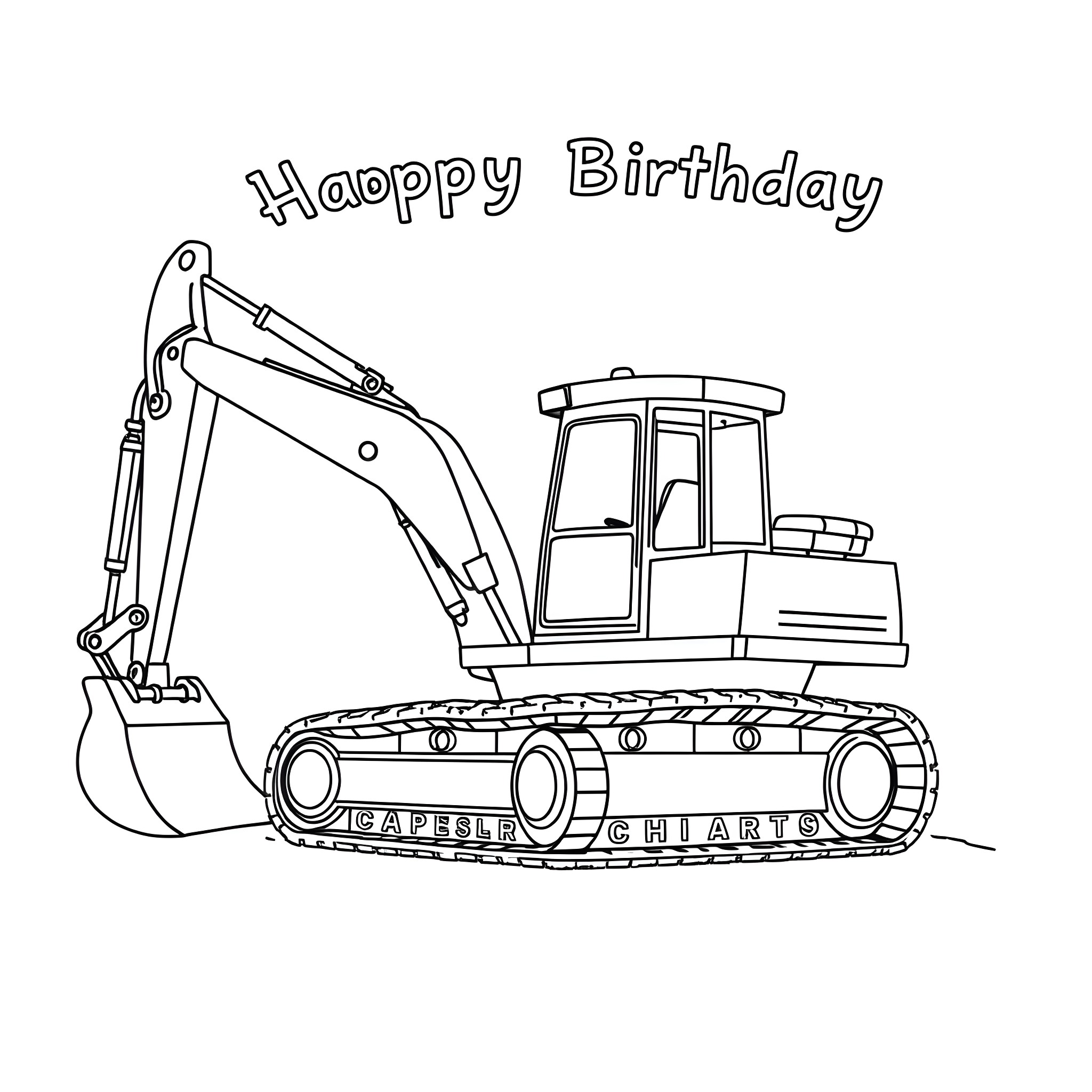 Excavator Performing Construction Work on Birthday Coloring Page (free black-and-white line drawing printable PDF for all, from beginners to advanced learners, including children, teens, adults, and seniors)