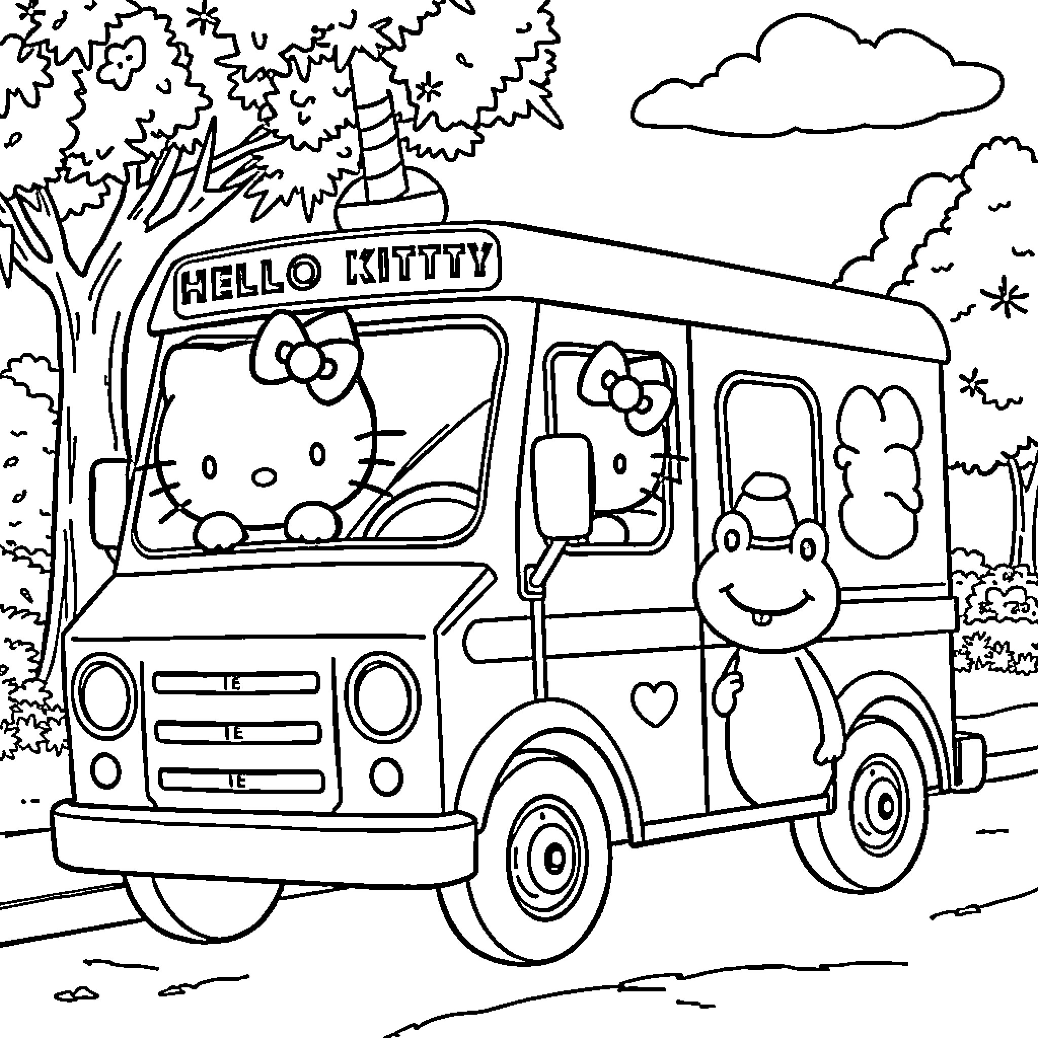 Hello Kitty Riding a Whimsical Truck Coloring Page (free black-and-white line drawing printable PDF for all, from beginners to advanced learners, including children, teens, adults, and seniors)