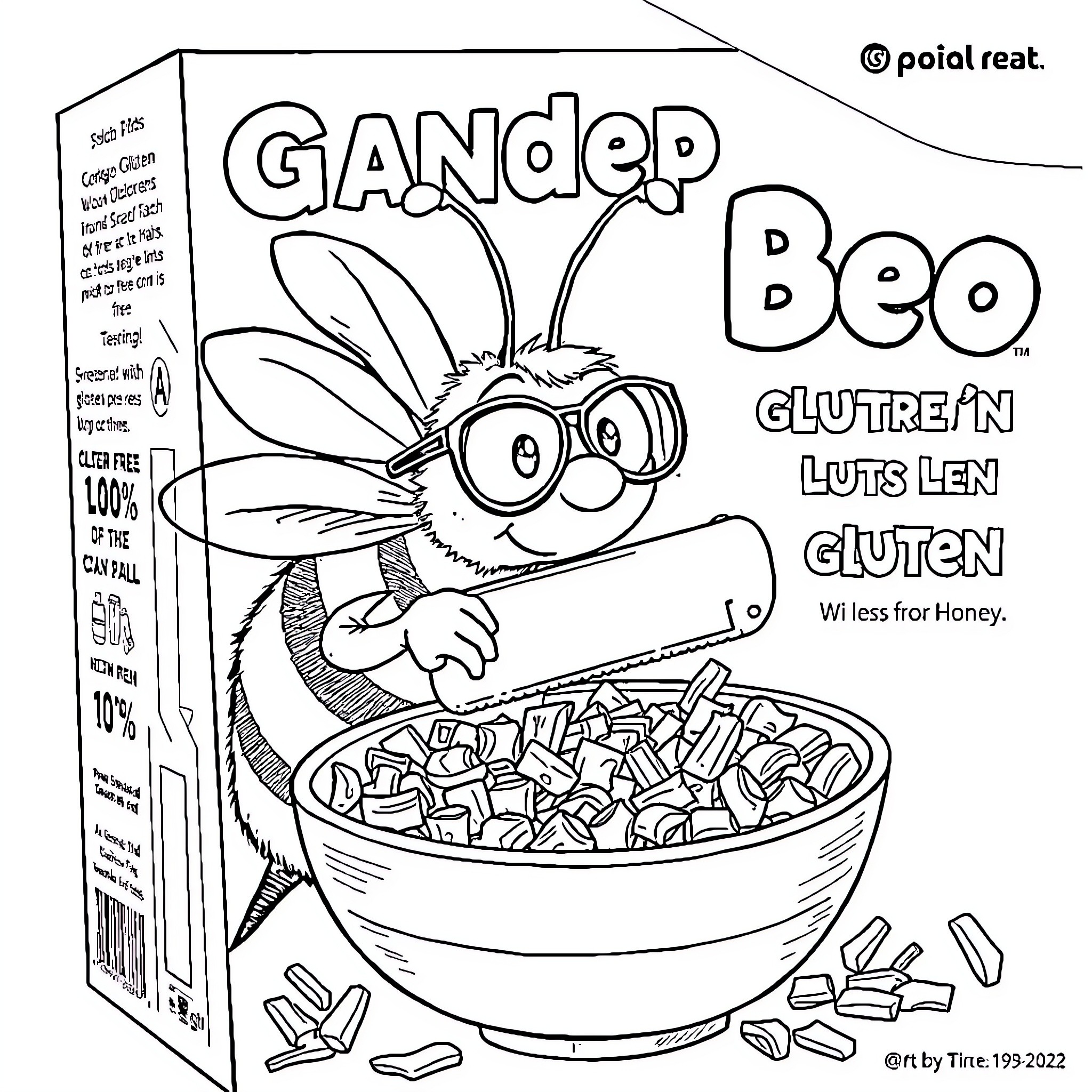 Bee enjoying a bowl of gluten-free cereal Coloring Page (free black-and-white line drawing printable PDF for all, from beginners to advanced learners, including children, teens, adults, and seniors)