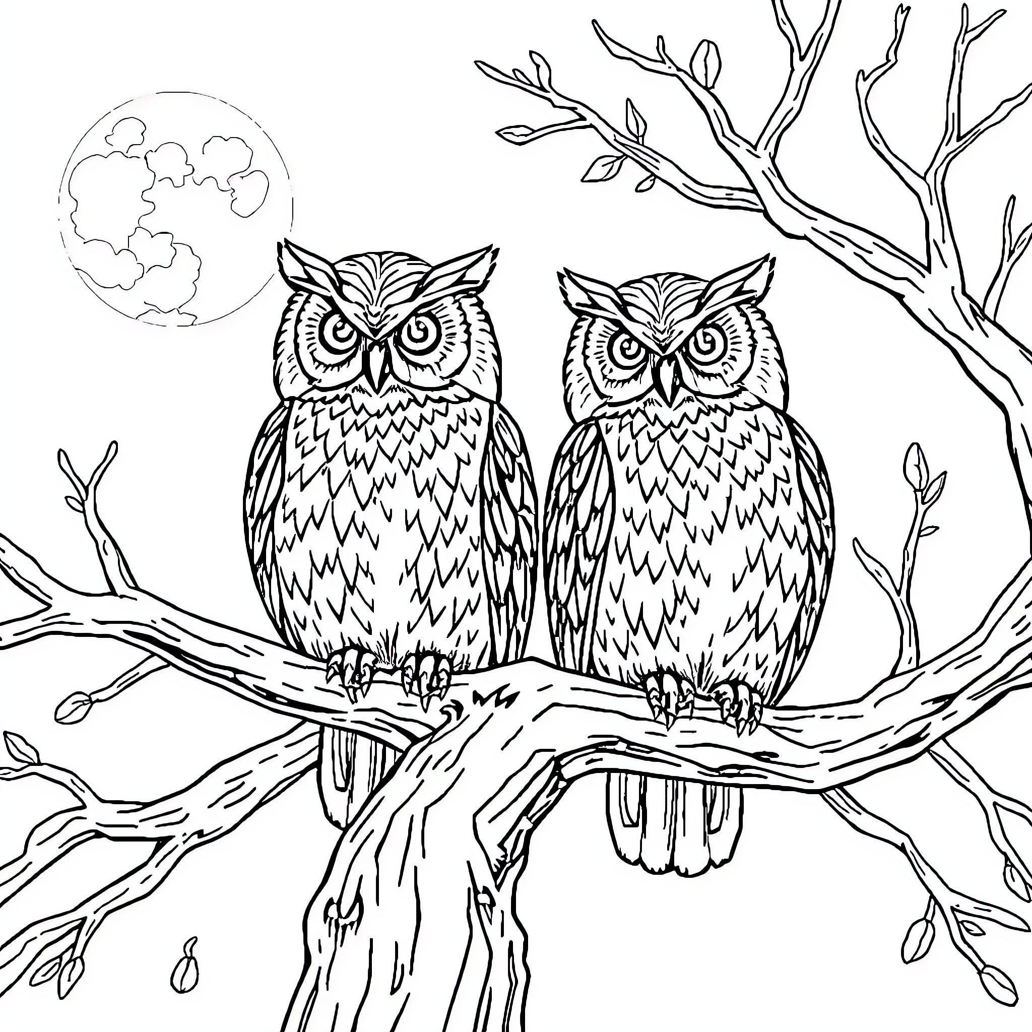 Owl couple perched on a spooky tree branch Coloring Page (free black-and-white line drawing printable PDF for all, from beginners to advanced learners, including children, teens, adults, and seniors)