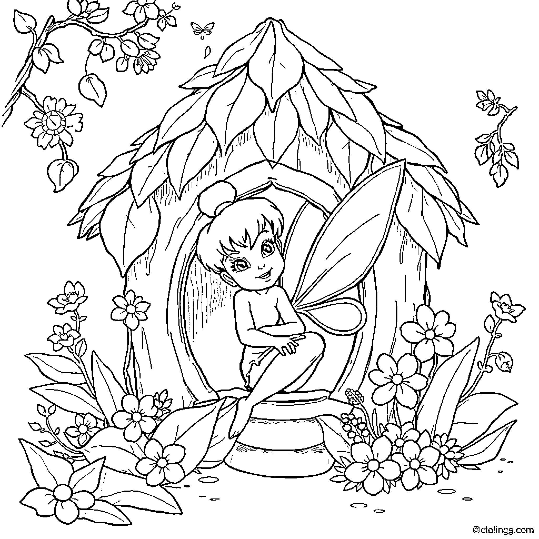 Tinkerbell playing in a enchanted forest with flowers Coloring Page (free black-and-white line drawing printable PDF for all, from beginners to advanced learners, including children, teens, adults, and seniors)
