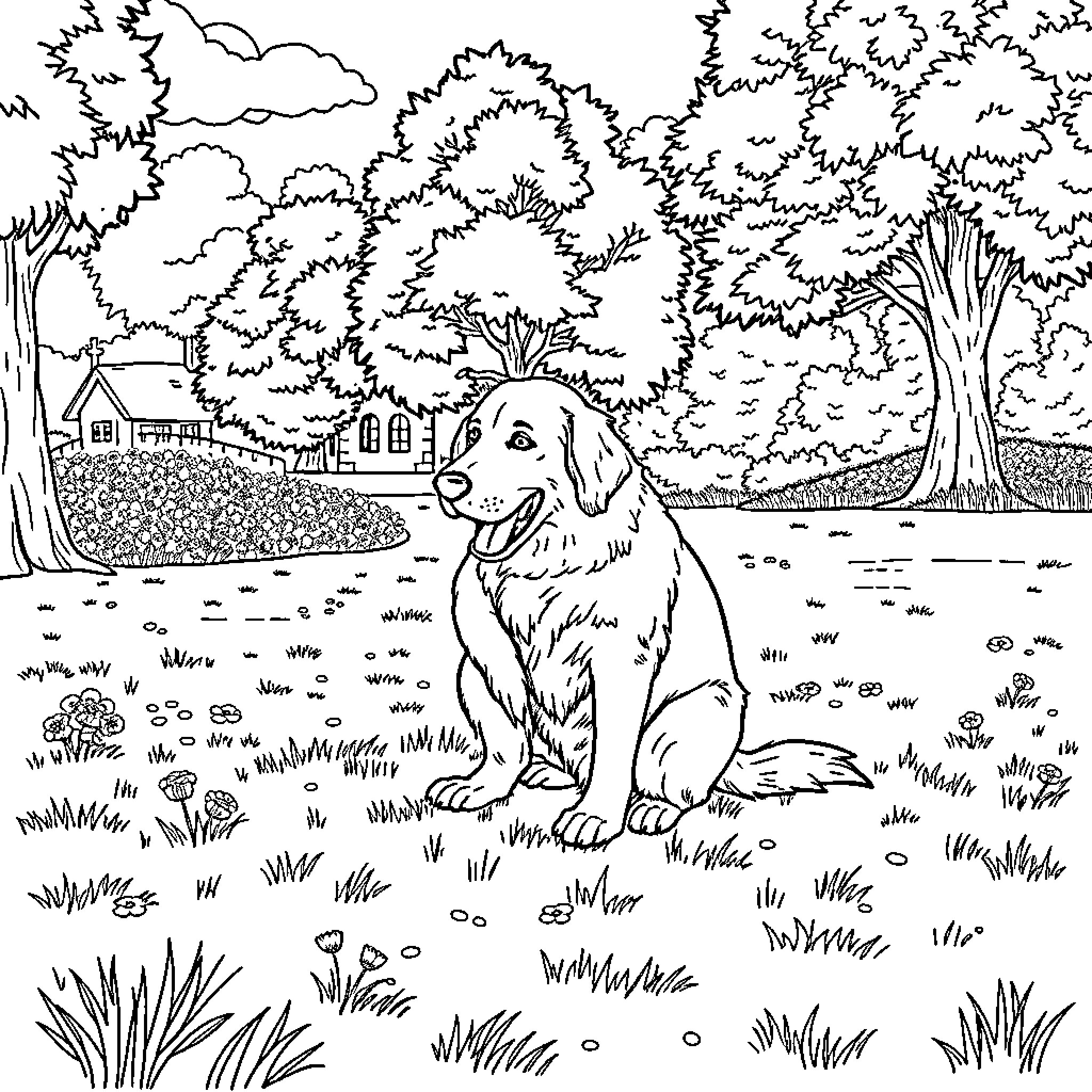 Golden Retriever enjoying the peaceful outdoors Coloring Page (free black-and-white line drawing printable PDF for all, from beginners to advanced learners, including children, teens, adults, and seniors)