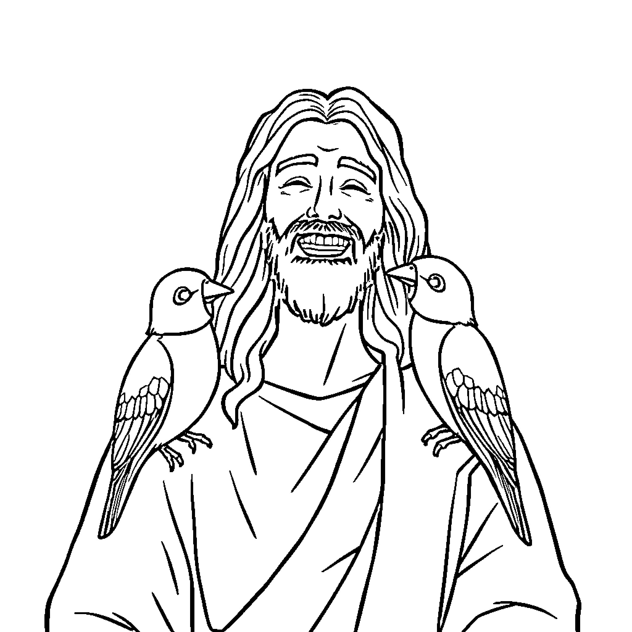 Jesus with serene expression and outstretched arms Coloring Page (free black-and-white line drawing printable PDF for all, from beginners to advanced learners, including children, teens, adults, and seniors)