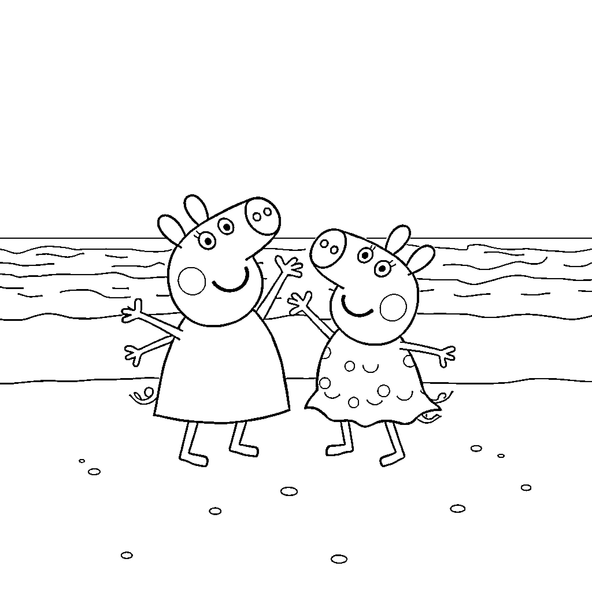 Peppa Pig and friends playing at the beach Coloring Page (free black-and-white line drawing printable PDF for all, from beginners to advanced learners, including children, teens, adults, and seniors)