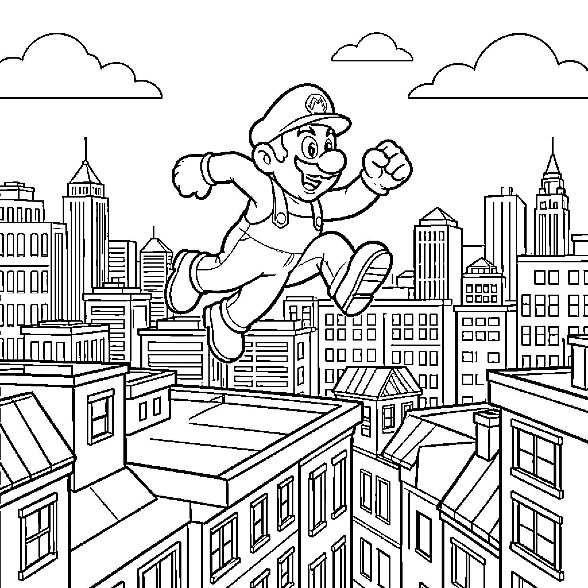 Mario's Heroic Leap Across the City Skyline Coloring Page (free black-and-white line drawing printable PDF for all, from beginners to advanced learners, including children, teens, adults, and seniors)