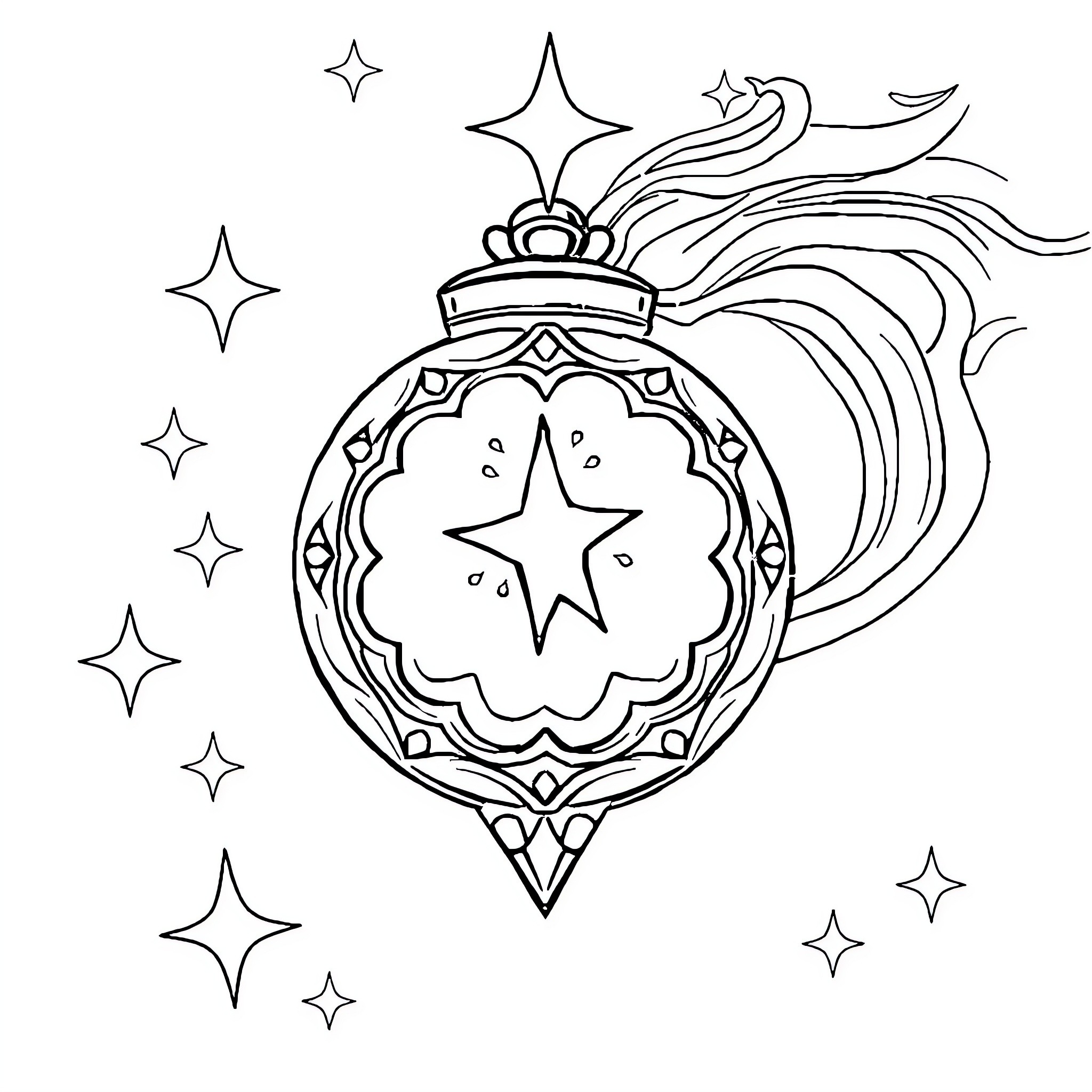 Amuleto with Celestial Star Ornament and Swirling Patterns Coloring Page (free black-and-white line drawing printable PDF for all, from beginners to advanced learners, including children, teens, adults, and seniors)