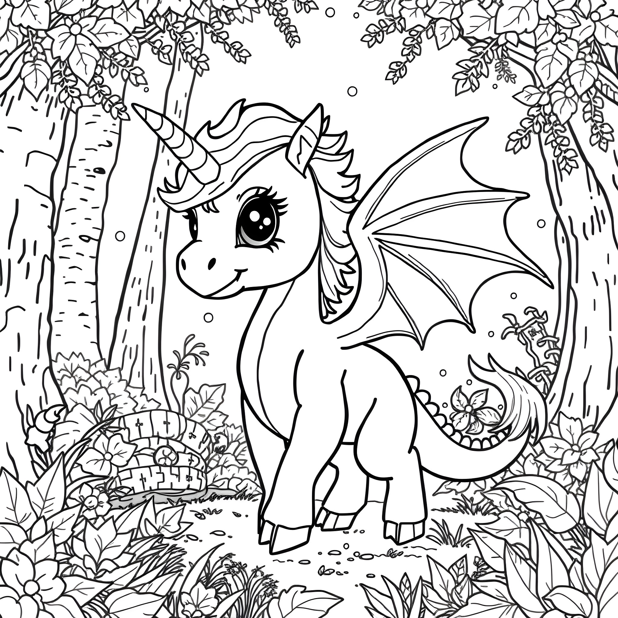 Unicorn-Dragon playing in the enchanted forest Coloring Page (free black-and-white line drawing printable PDF for all, from beginners to advanced learners, including children, teens, adults, and seniors)