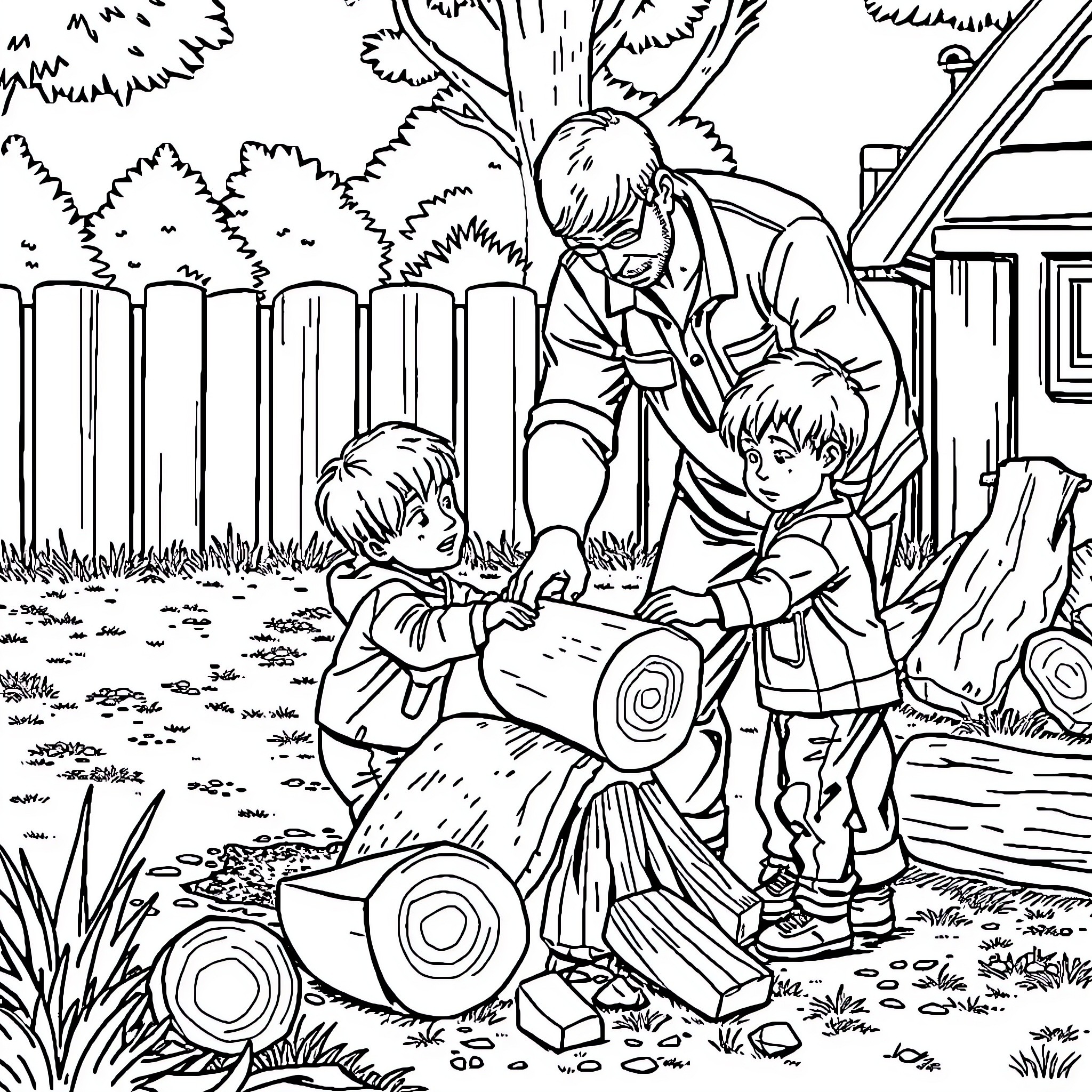 Dad helps sons repair toy in the backyard Coloring Page (free black-and-white line drawing printable PDF for all, from beginners to advanced learners, including children, teens, adults, and seniors)