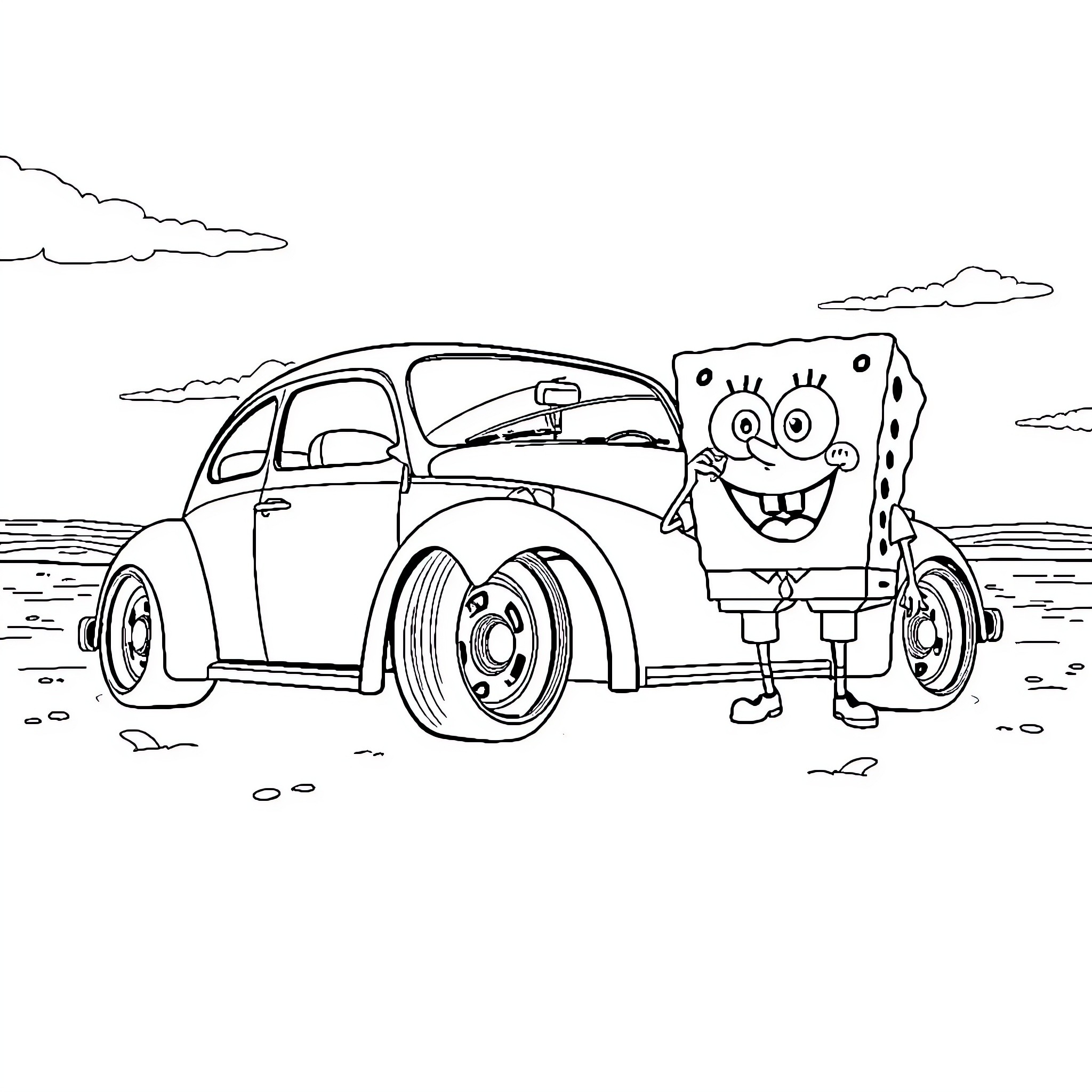 VW Beetle with Smiling Character in the Desert Coloring Page (free black-and-white line drawing printable PDF for all, from beginners to advanced learners, including children, teens, adults, and seniors)