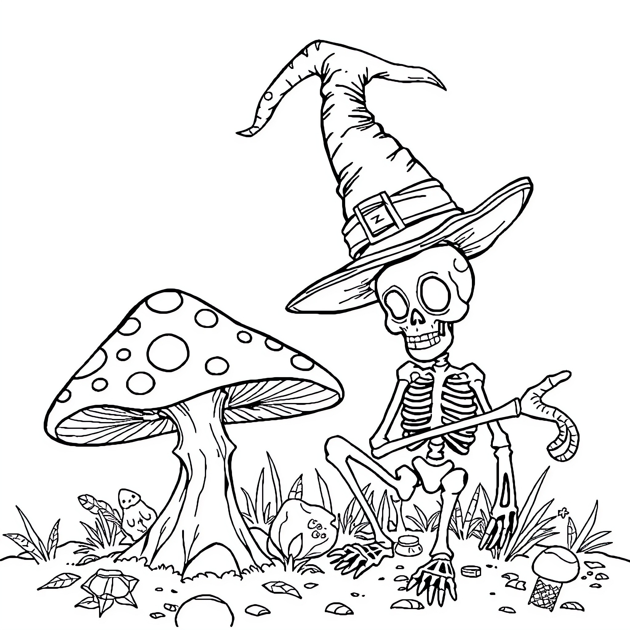 Mushroom Skeleton in Witch's Hat Amid Fungi Coloring Page (free black-and-white line drawing printable PDF for all, from beginners to advanced learners, including children, teens, adults, and seniors)