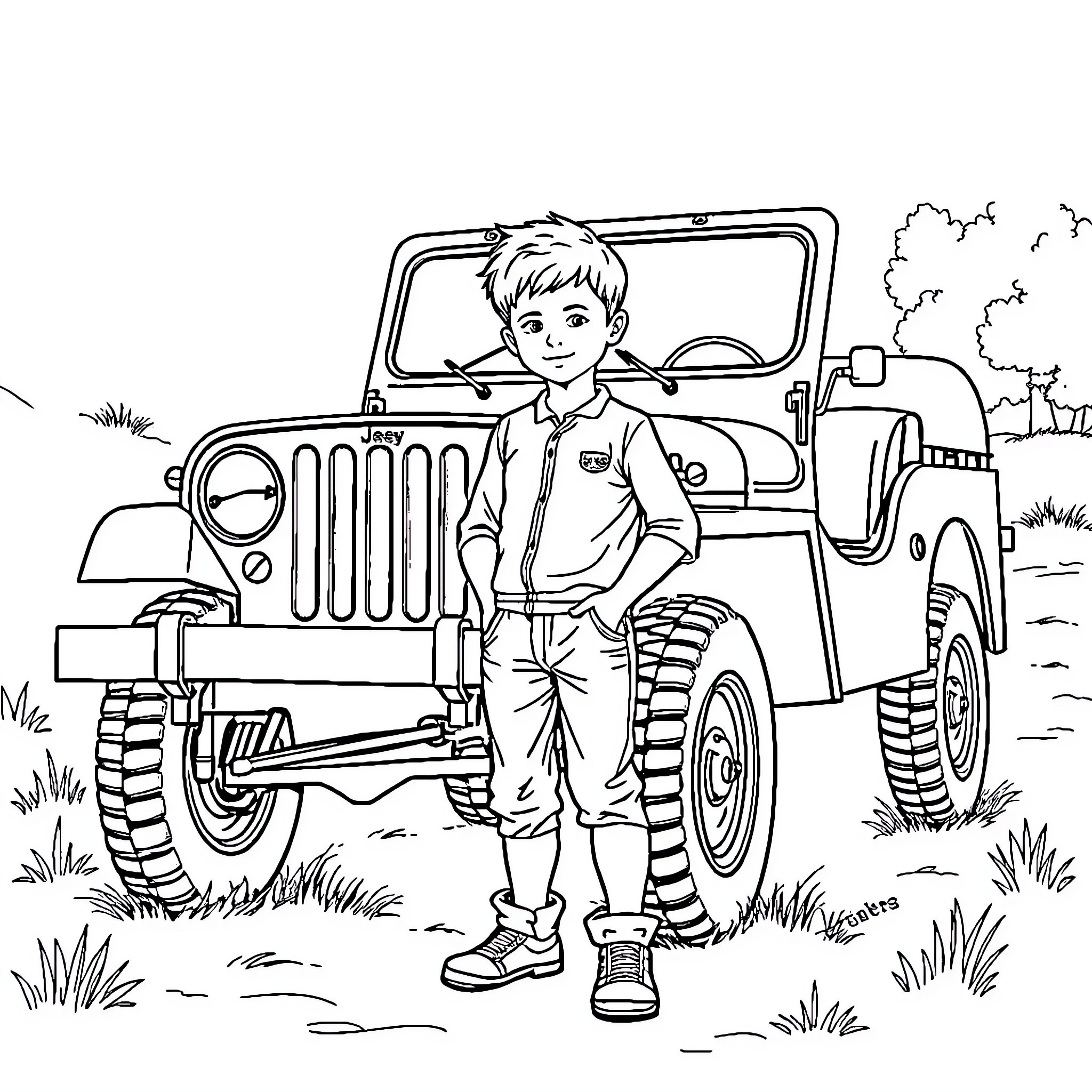Boy standing proudly next to his off-road vehicle Coloring Page (free black-and-white line drawing printable PDF for all, from beginners to advanced learners, including children, teens, adults, and seniors)