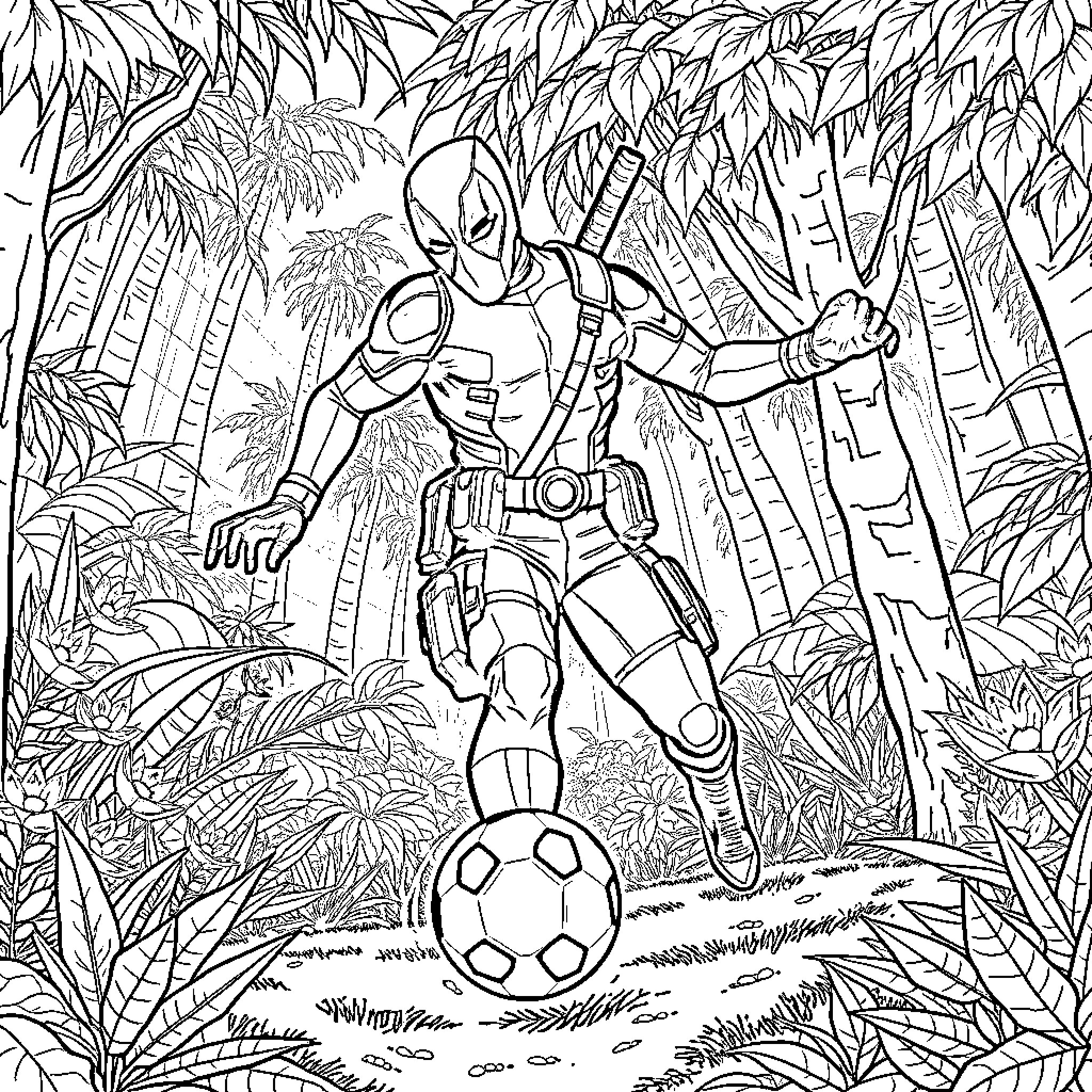 Deadpool's Jungle Adventure Coloring Page (free black-and-white line drawing printable PDF for all, from beginners to advanced learners, including children, teens, adults, and seniors)
