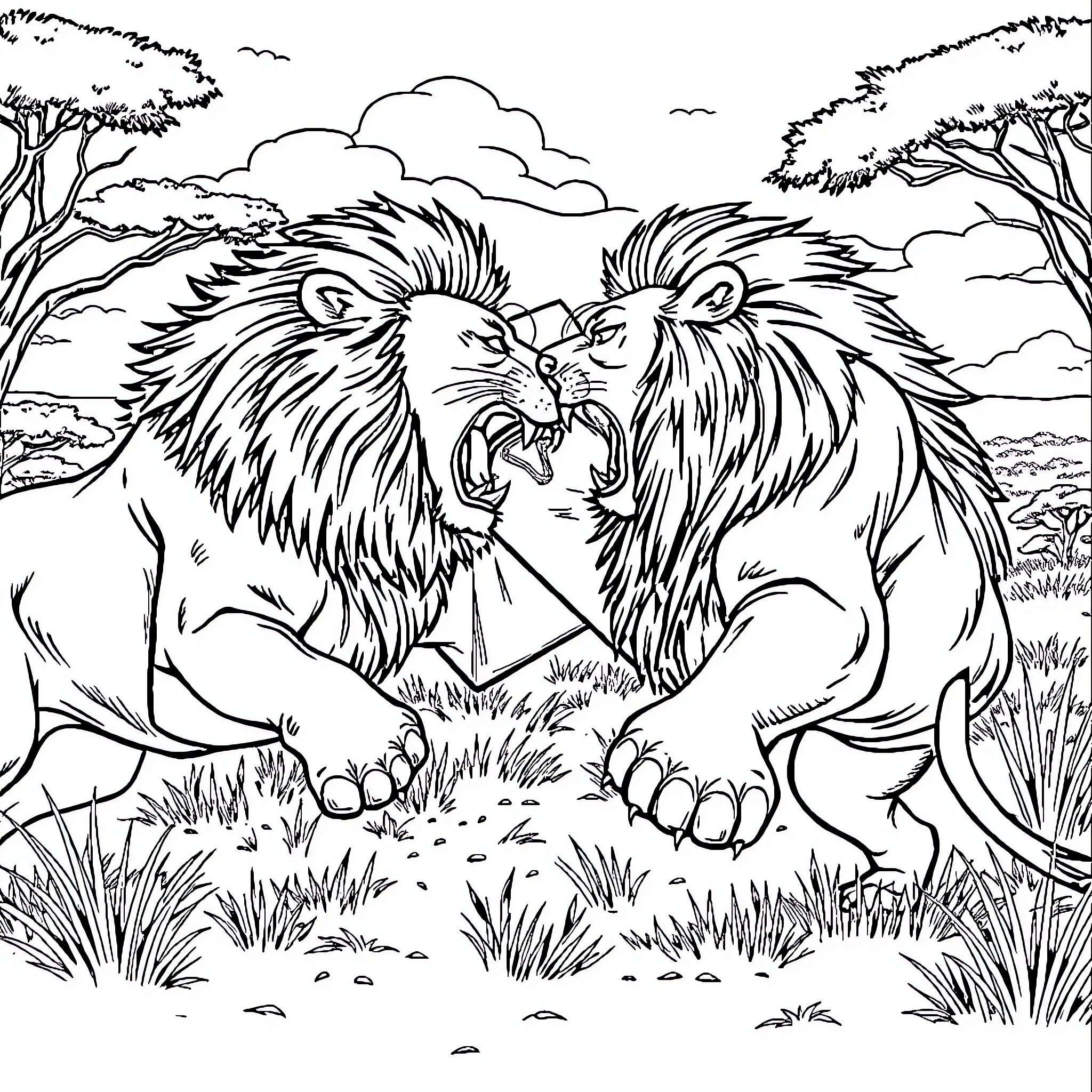 Lion Roaring with Another Lion in the Jungle Coloring Page (free black-and-white line drawing printable PDF for all, from beginners to advanced learners, including children, teens, adults, and seniors)