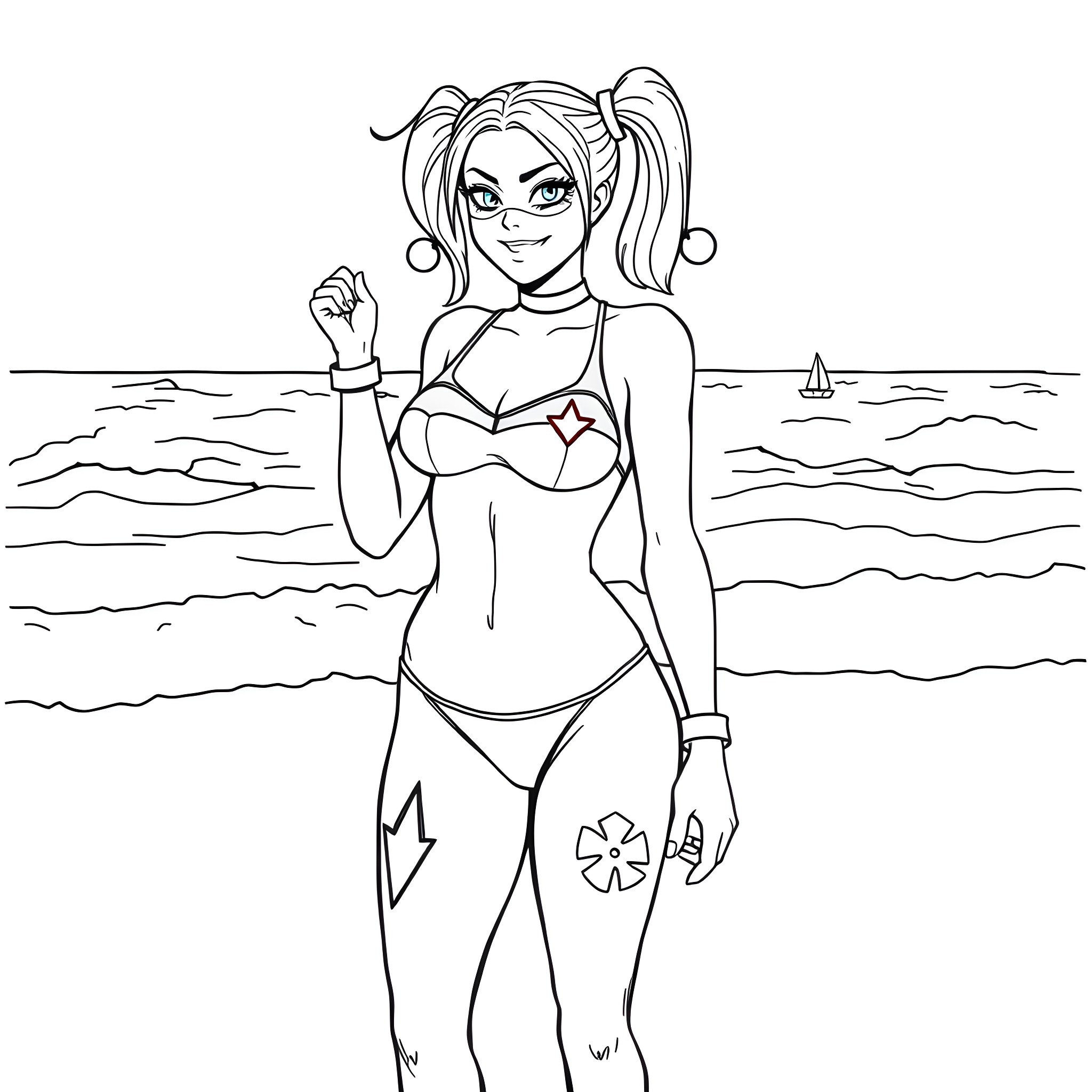 Harley Quinn enjoying the beach scenery Coloring Page (free black-and-white line drawing printable PDF for all, from beginners to advanced learners, including children, teens, adults, and seniors)