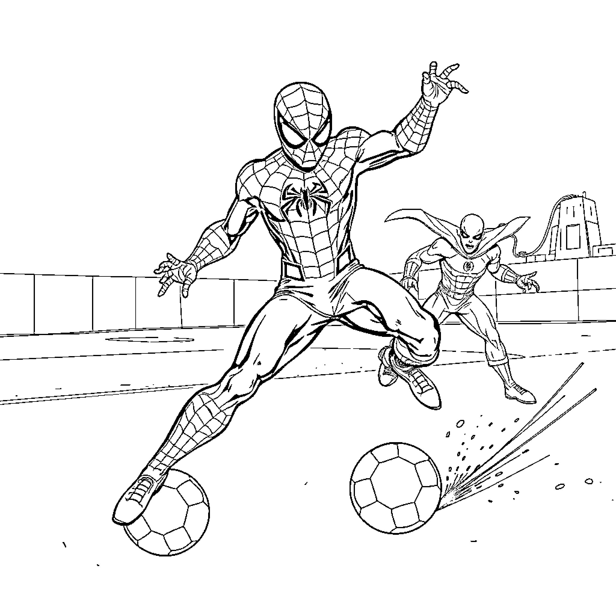 Spider-Man swinging and kicking soccer balls with Green Goblin Coloring Page (free black-and-white line drawing printable PDF for all, from beginners to advanced learners, including children, teens, adults, and seniors)