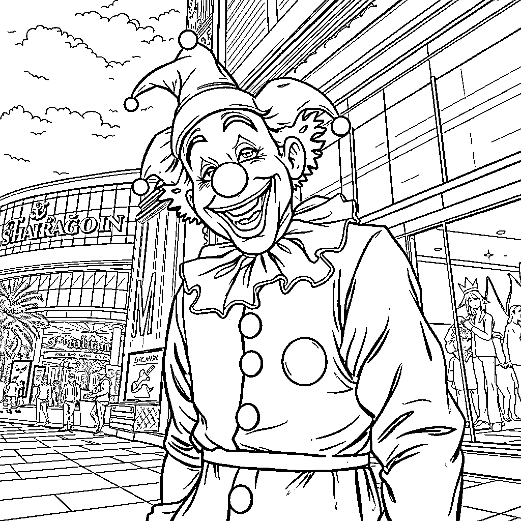 Clown entertaining the crowd in a lively street scene Coloring Page (free black-and-white line drawing printable PDF for all, from beginners to advanced learners, including children, teens, adults, and seniors)
