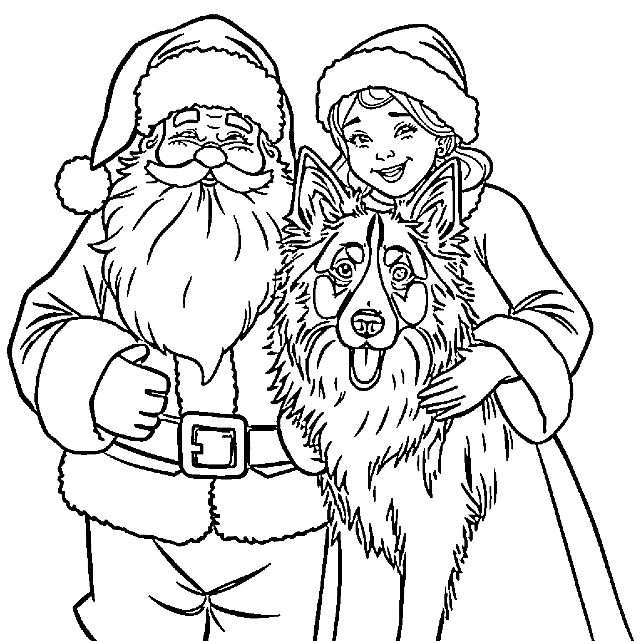 Santa Claus and his Helper Enjoying Time with a Dog Coloring Page (free black-and-white line drawing printable PDF for all, from beginners to advanced learners, including children, teens, adults, and seniors)
