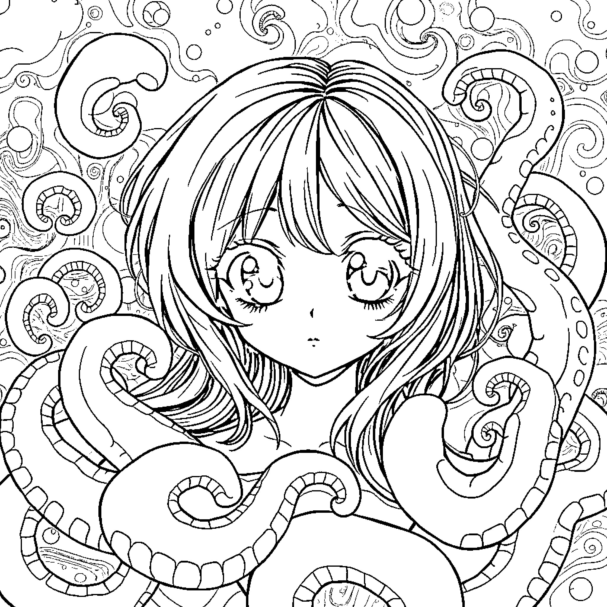 Anime Girl in Whimsical Patterns Coloring Page (free black-and-white line drawing printable PDF for all, from beginners to advanced learners, including children, teens, adults, and seniors)