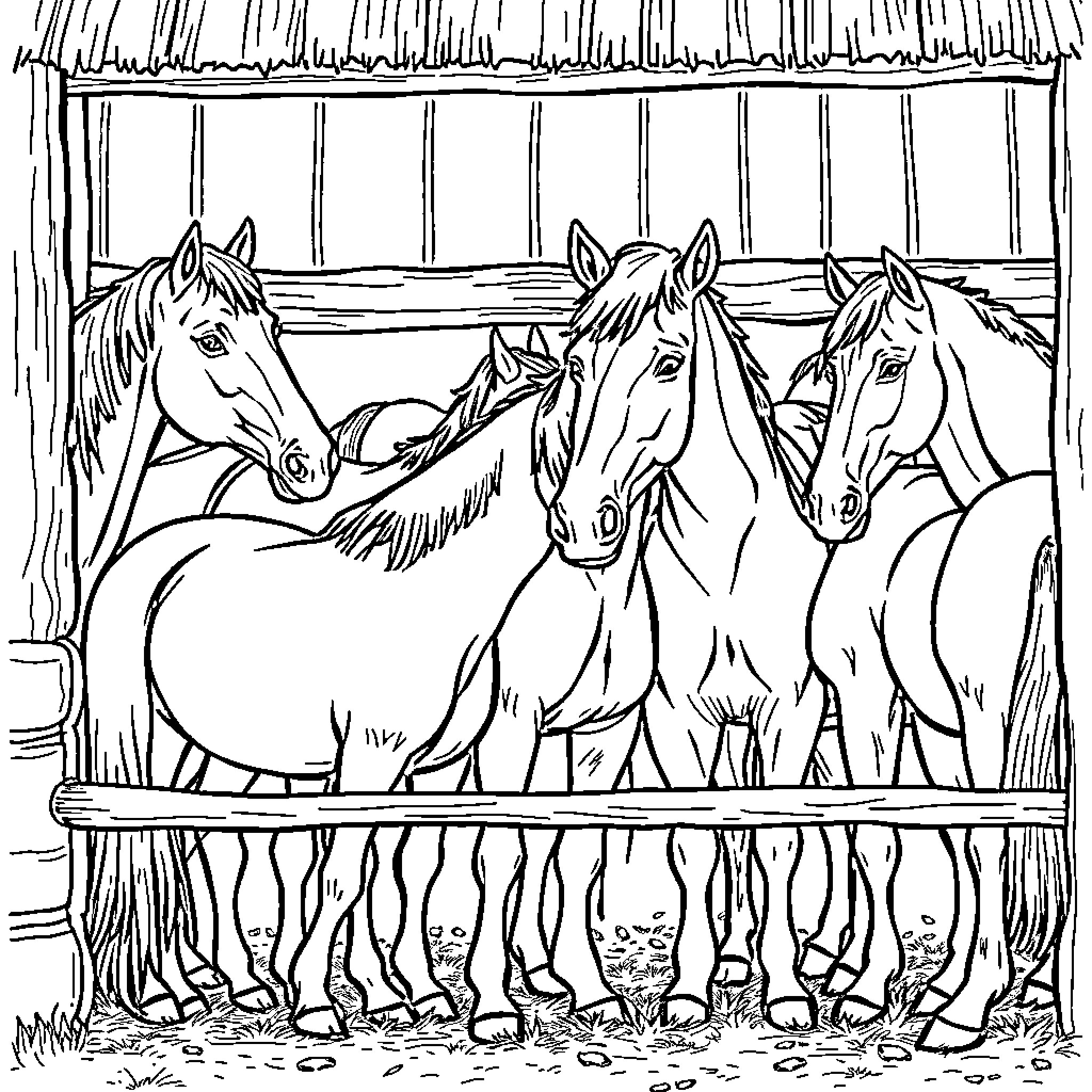 Horse herd in a rustic barn Coloring Page (free black-and-white line drawing printable PDF for all, from beginners to advanced learners, including children, teens, adults, and seniors)