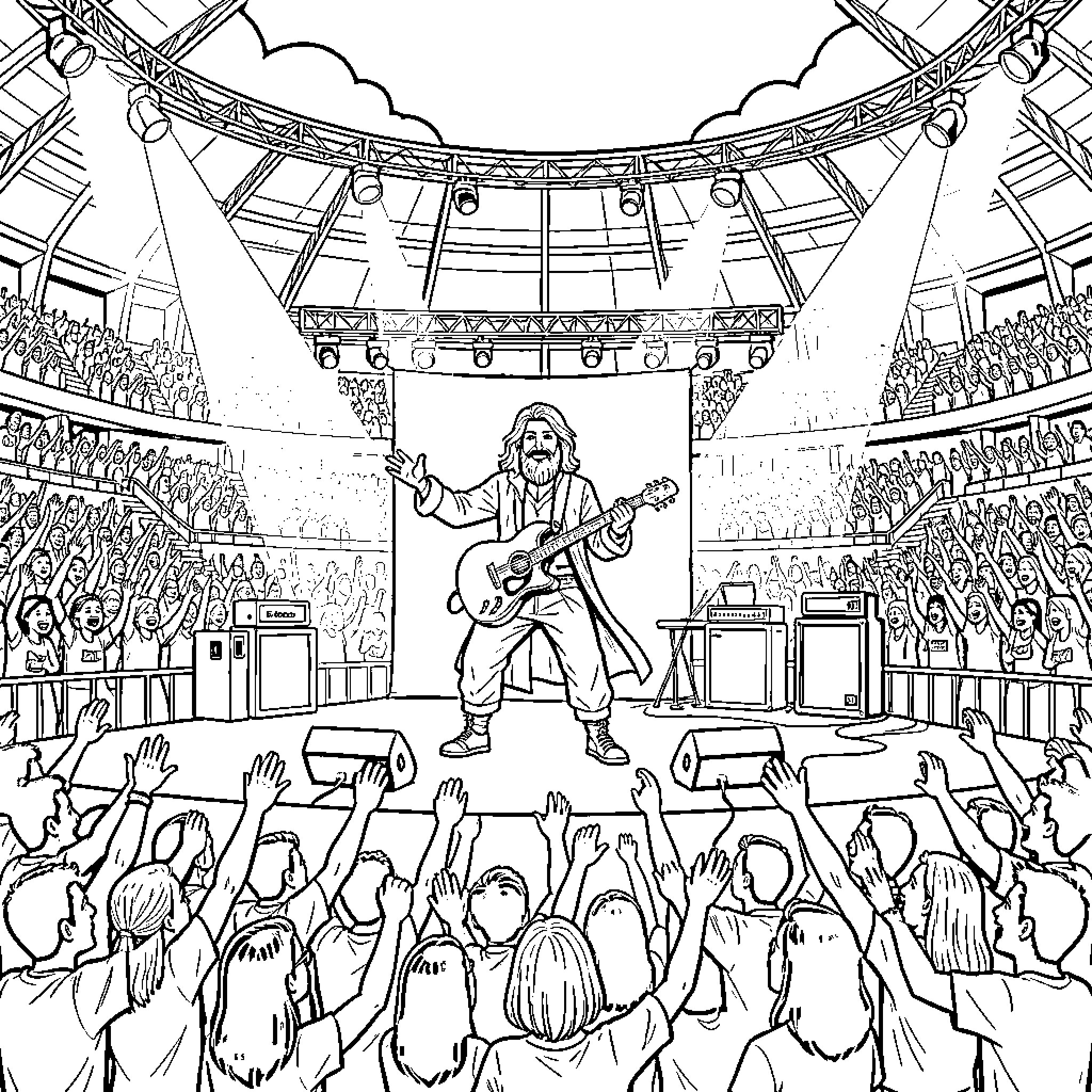 Rumi performing a concert for a cheering crowd Coloring Page (free black-and-white line drawing printable PDF for all, from beginners to advanced learners, including children, teens, adults, and seniors)