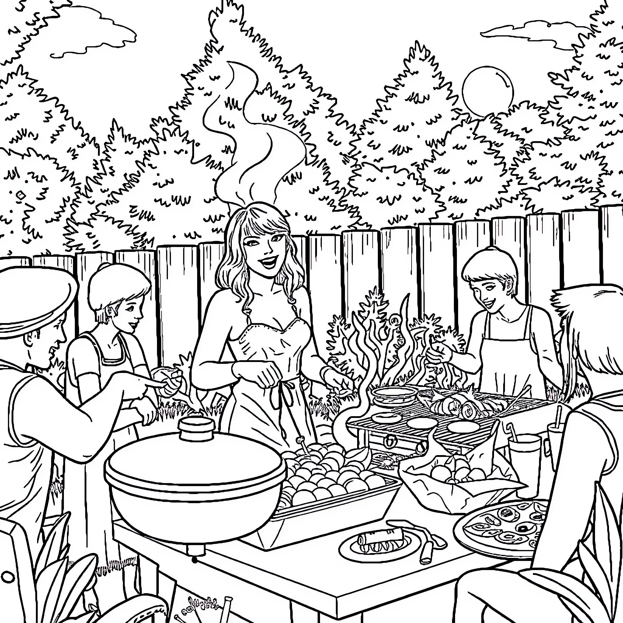 Taylor Swift hosting an outdoor barbecue gathering Coloring Page (free black-and-white line drawing printable PDF for all, from beginners to advanced learners, including children, teens, adults, and seniors)