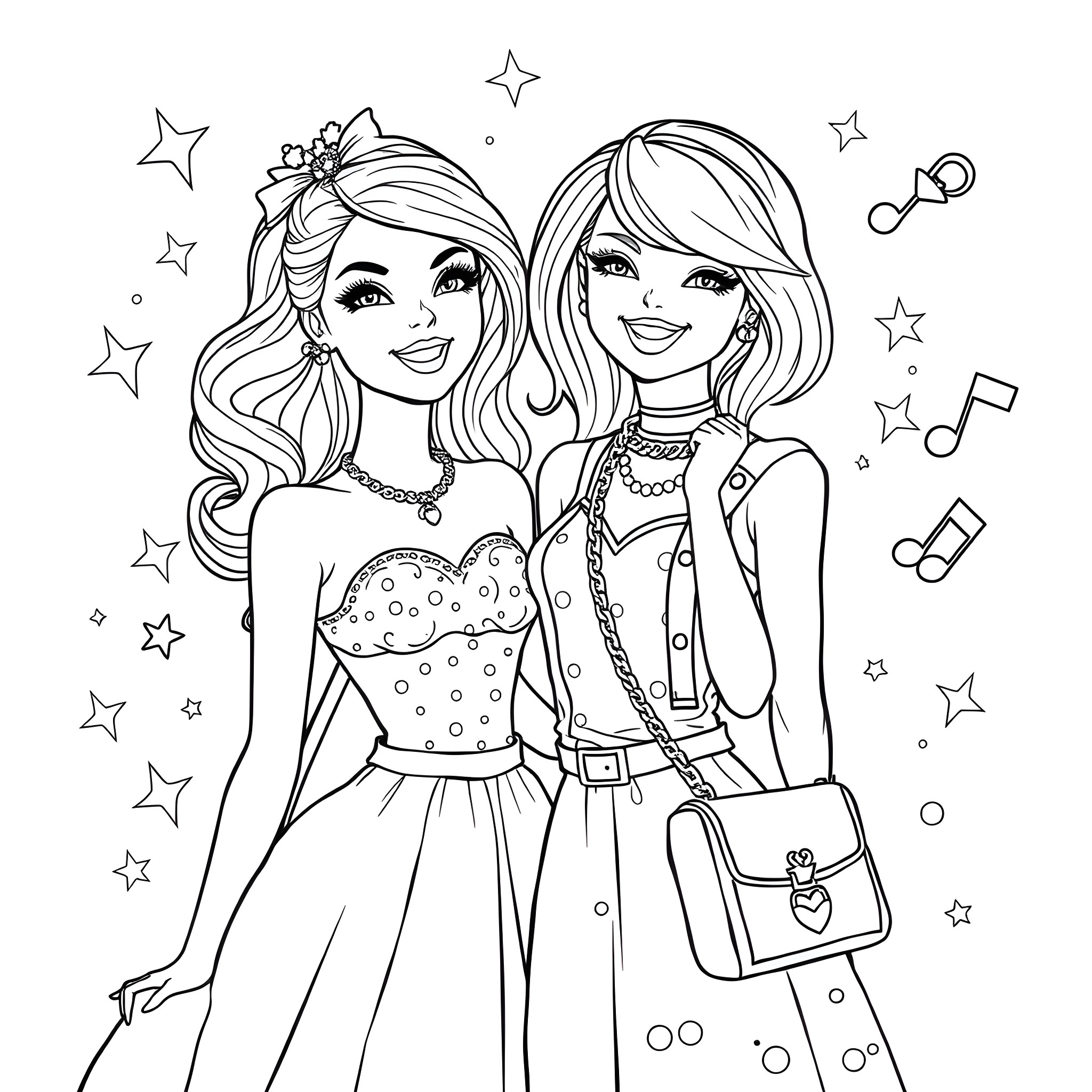 Barbie friends posing stylishly with accessories Coloring Page (free black-and-white line drawing printable PDF for all, from beginners to advanced learners, including children, teens, adults, and seniors)
