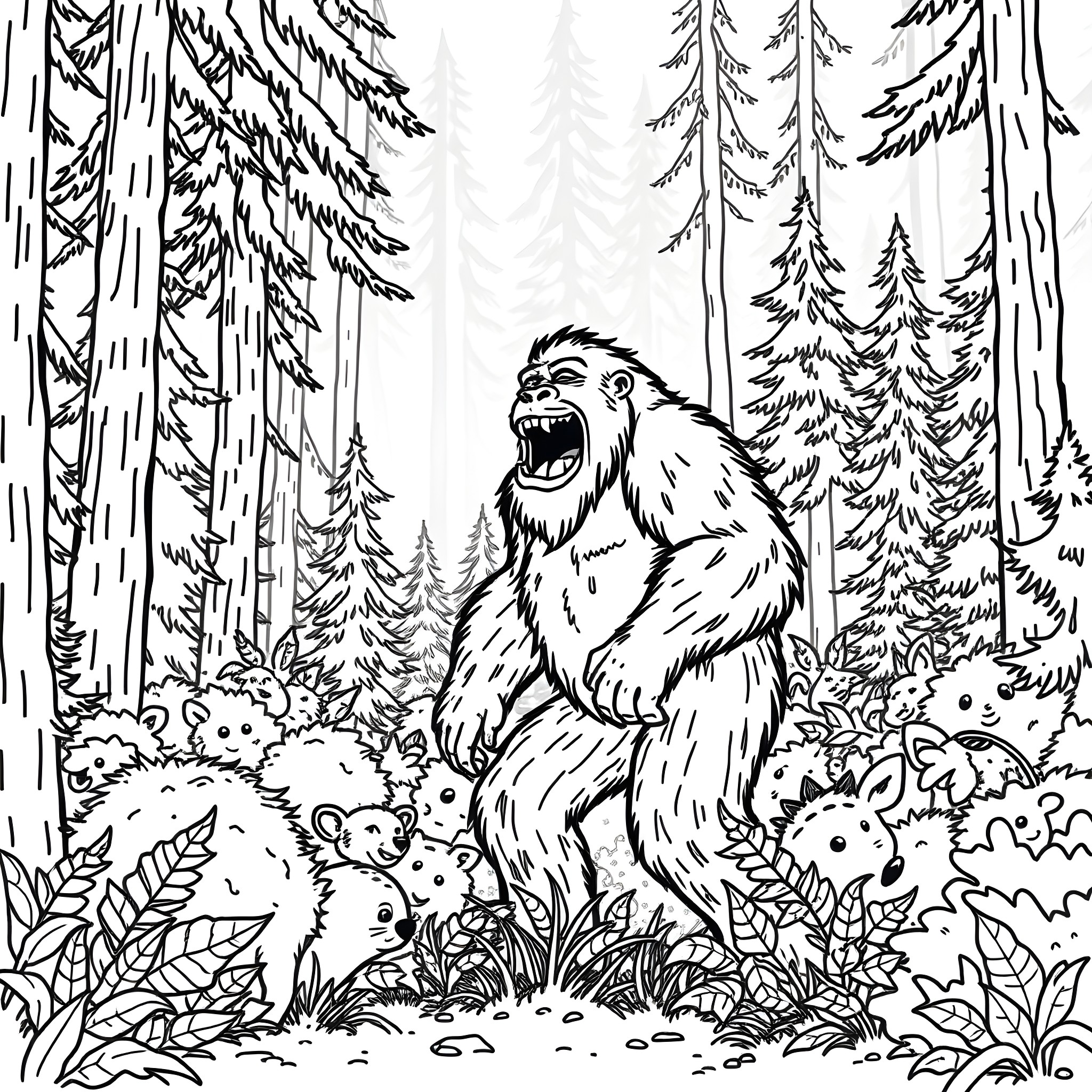 Bigfoot roaring amidst forest wildlife Coloring Page (free black-and-white line drawing printable PDF for all, from beginners to advanced learners, including children, teens, adults, and seniors)