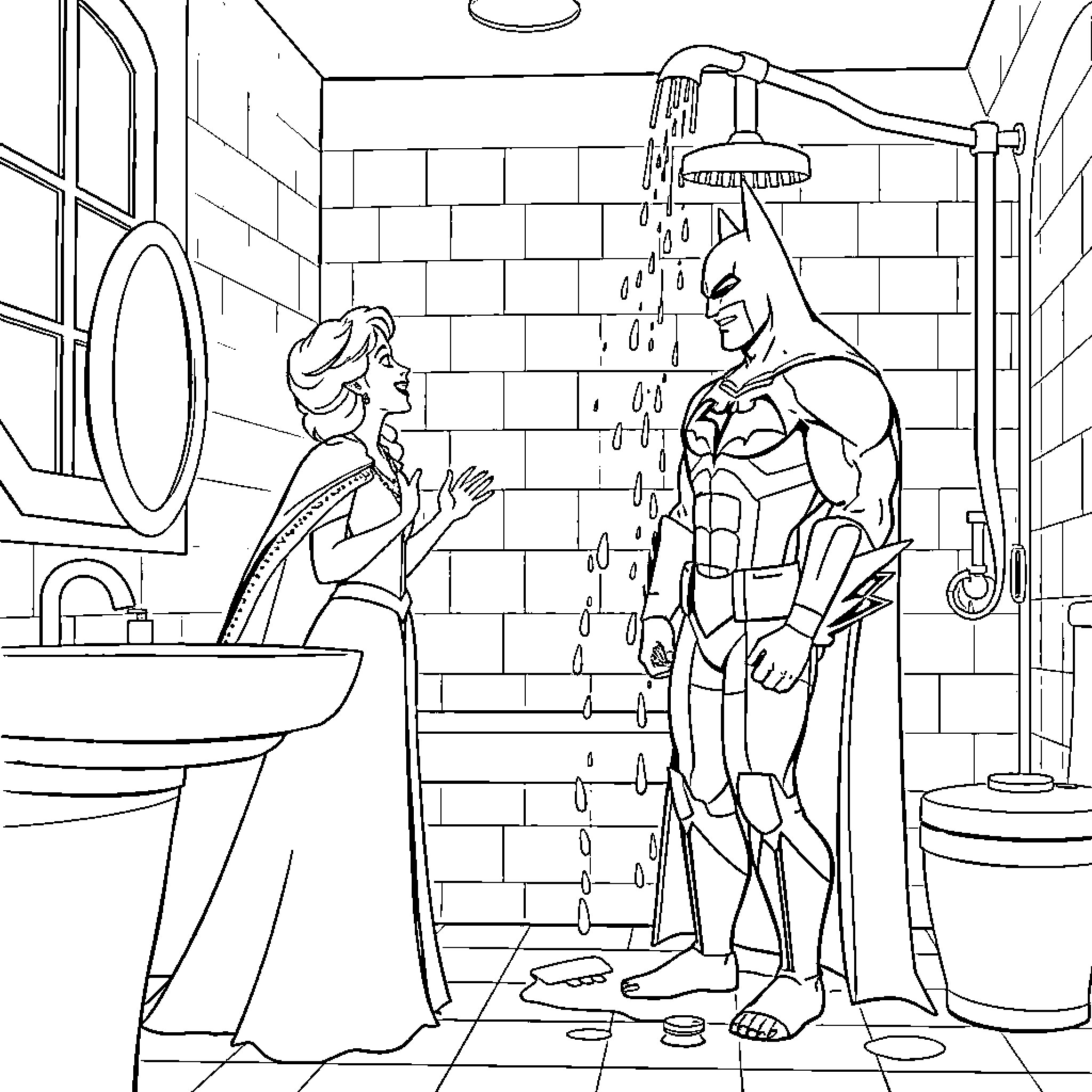 Elsa and Batman take a shower together Coloring Page (free black-and-white line drawing printable PDF for all, from beginners to advanced learners, including children, teens, adults, and seniors)
