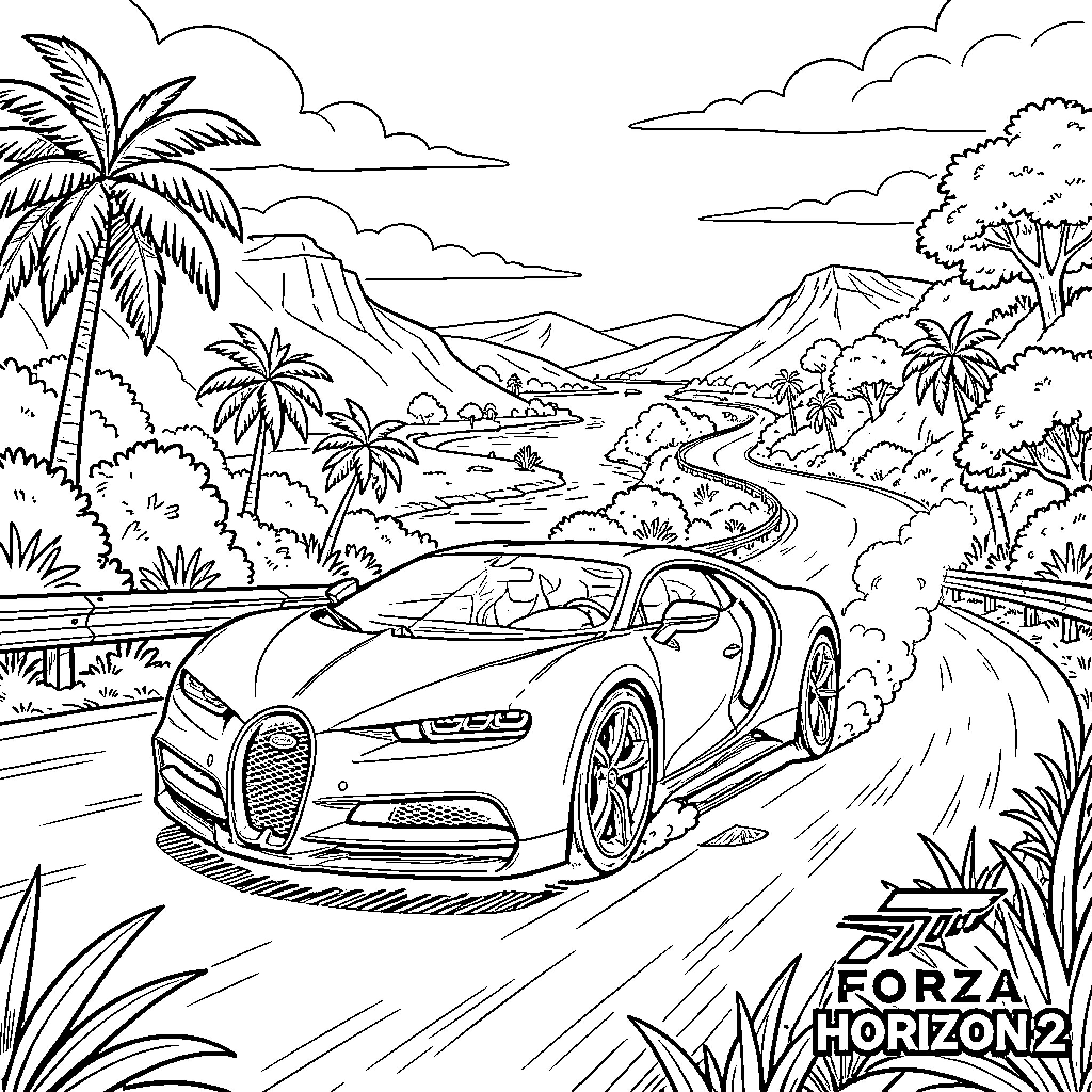 Bugatti sports car speeding through tropical landscape Coloring Page (free black-and-white line drawing printable PDF for all, from beginners to advanced learners, including children, teens, adults, and seniors)