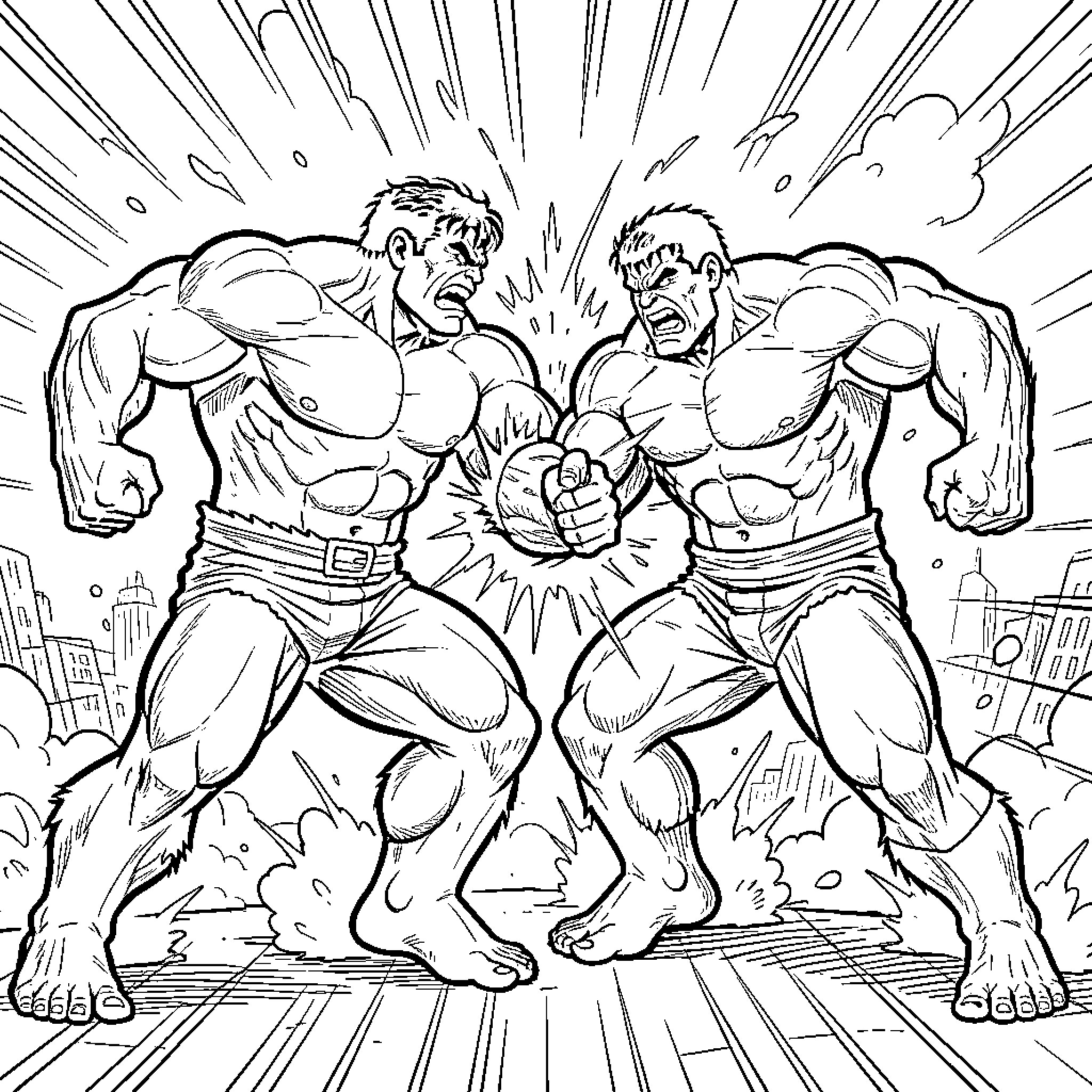 Hulk vs Hulk epic showdown Coloring Page (free black-and-white line drawing printable PDF for all, from beginners to advanced learners, including children, teens, adults, and seniors)