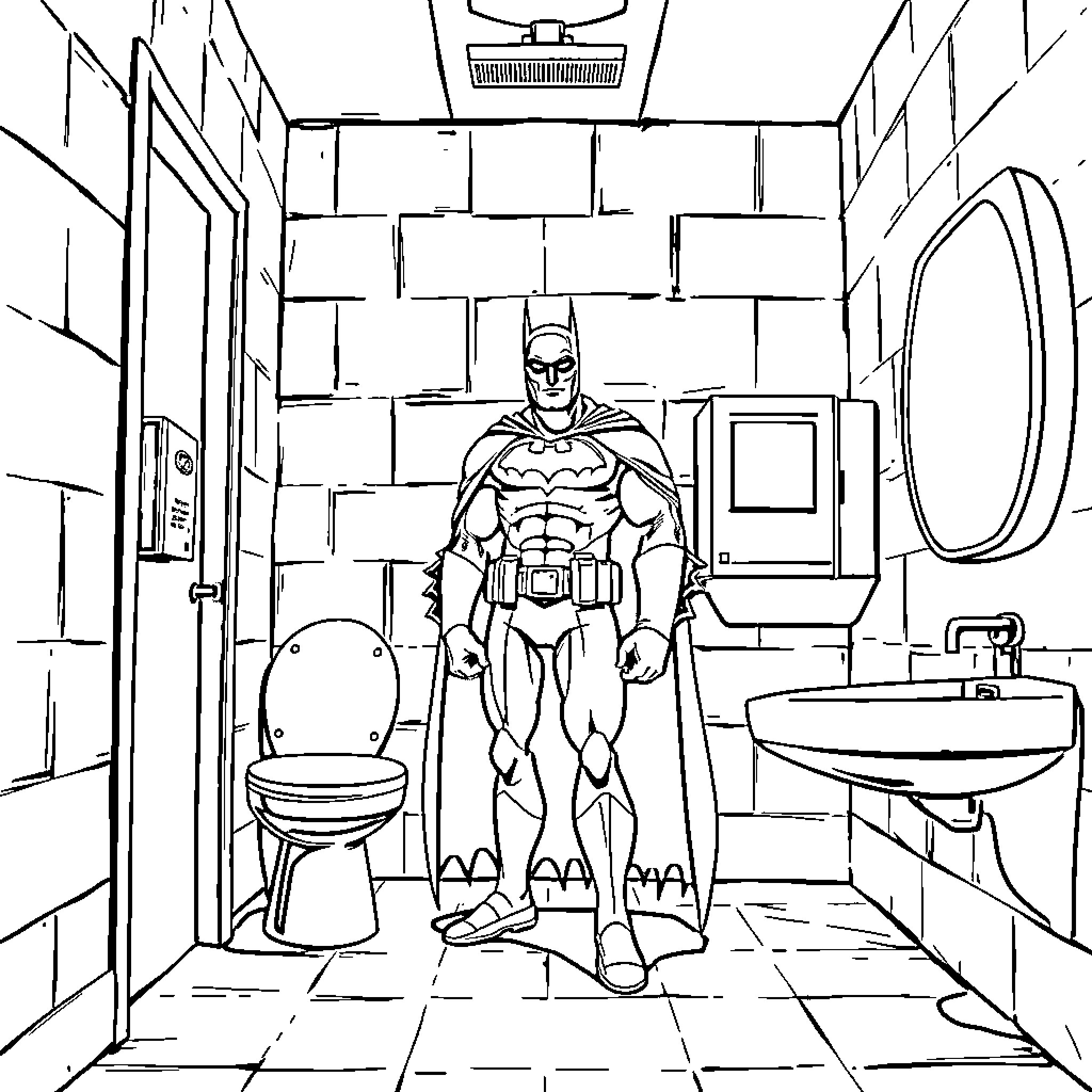 Batman in a Bathroom Confrontation Coloring Page (free black-and-white line drawing printable PDF for all, from beginners to advanced learners, including children, teens, adults, and seniors)