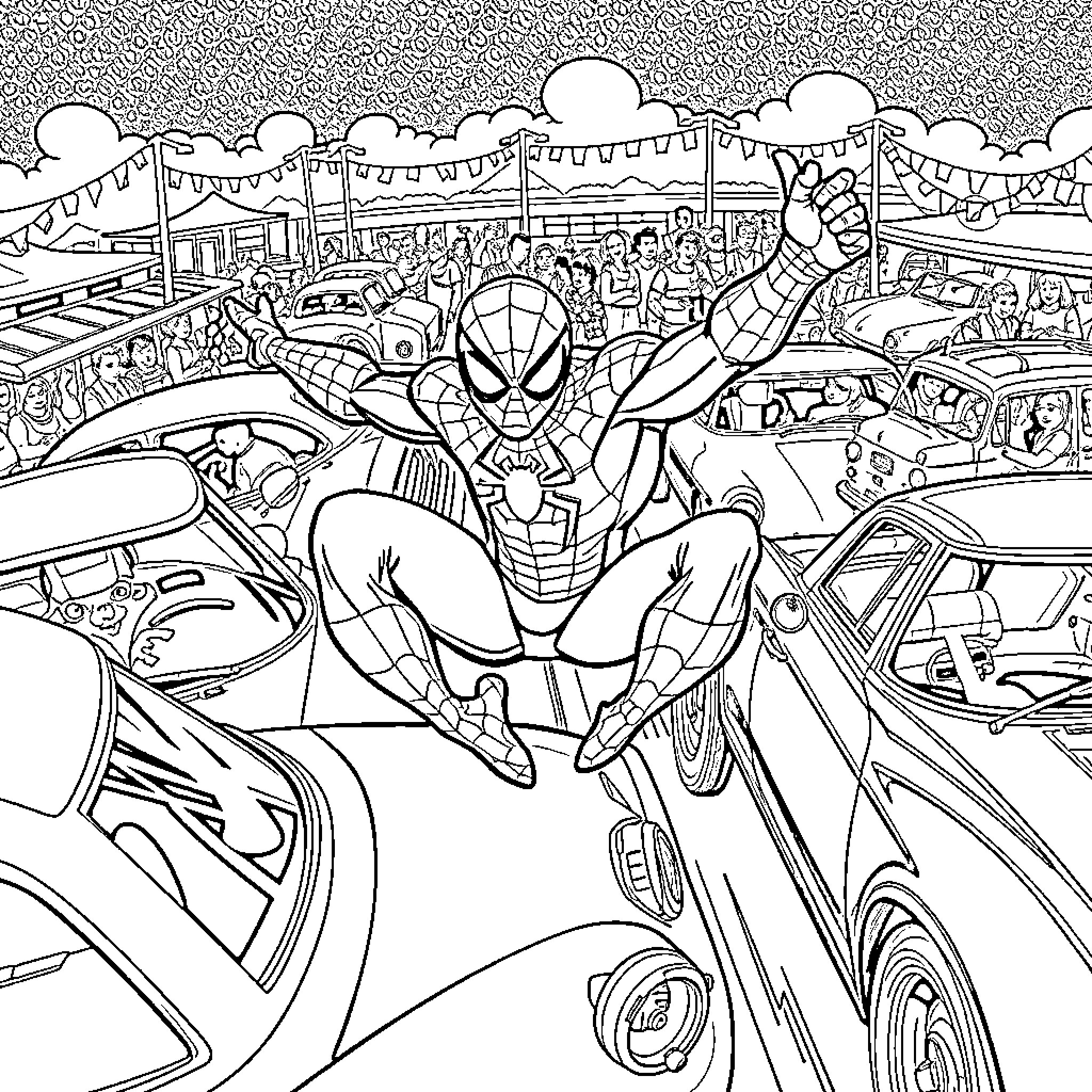 Spider-Man swinging through a bustling city scene Coloring Page (free black-and-white line drawing printable PDF for all, from beginners to advanced learners, including children, teens, adults, and seniors)