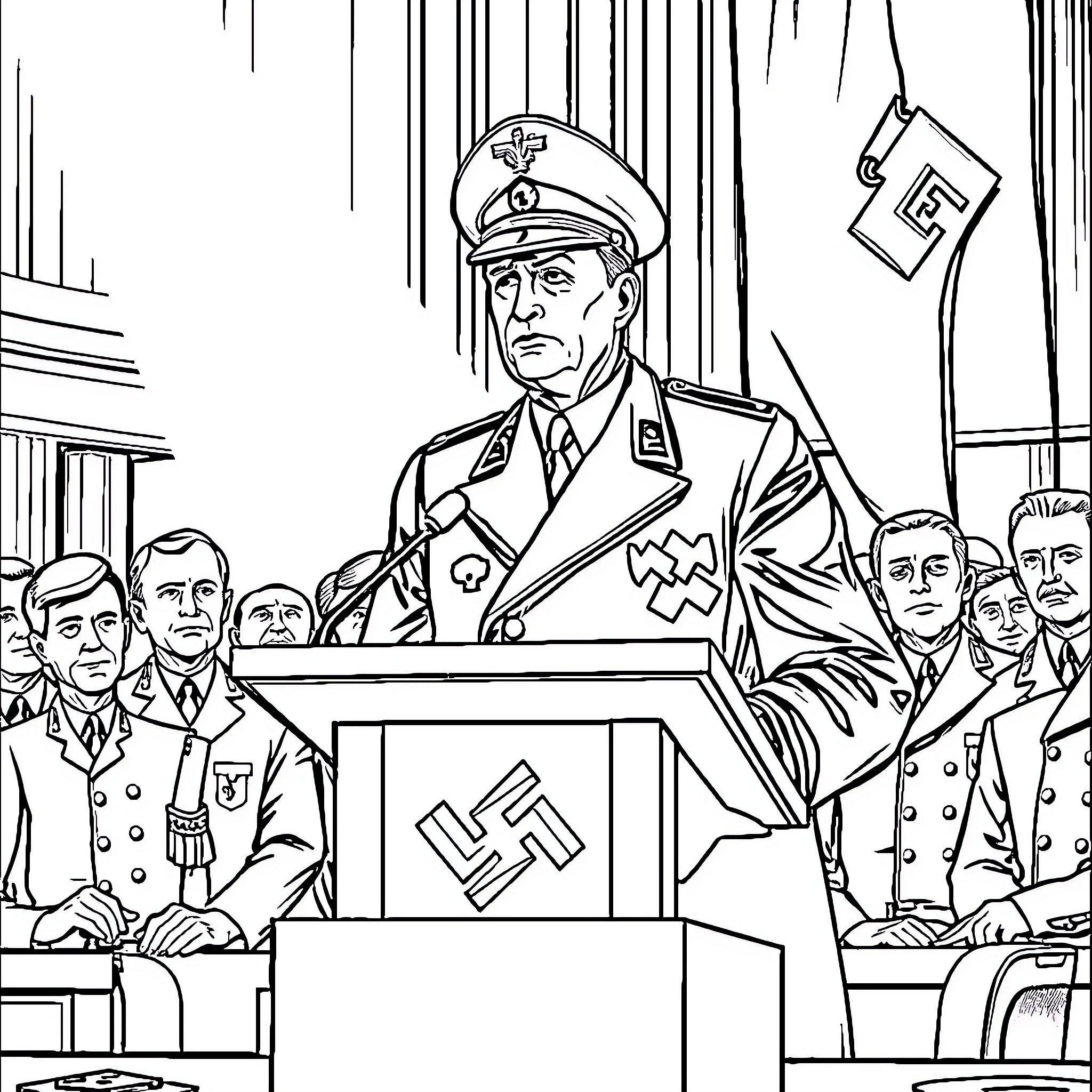 Reinhard Heydrich addressing Nazi officials at a podium Coloring Page (free black-and-white line drawing printable PDF for all, from beginners to advanced learners, including children, teens, adults, and seniors)
