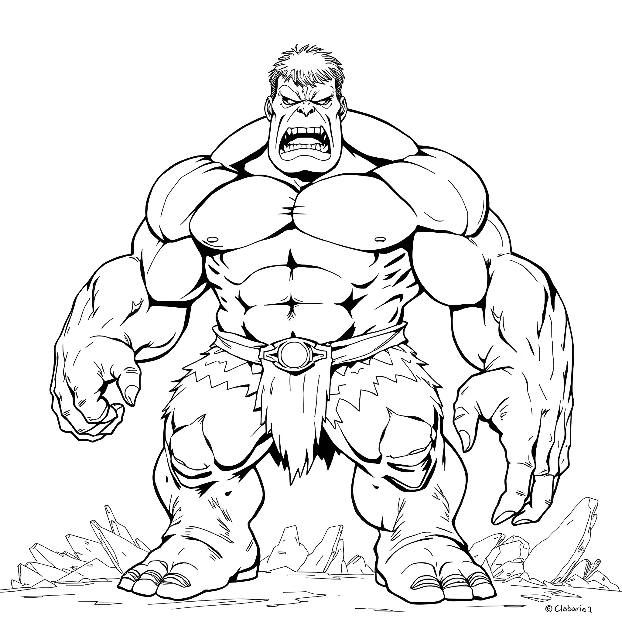 Skulk of a fierce muscular superhero Coloring Page (free black-and-white line drawing printable PDF for all, from beginners to advanced learners, including children, teens, adults, and seniors)