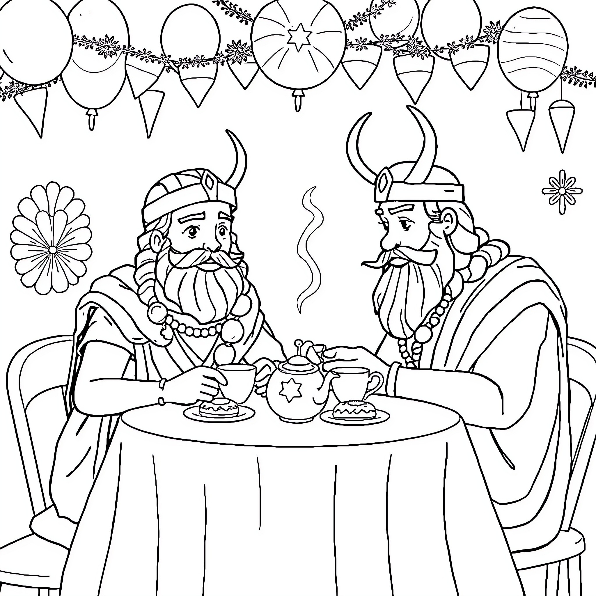 David and Goliath Sharing a Feast in a Whimsical Setting Coloring Page (free black-and-white line drawing printable PDF for all, from beginners to advanced learners, including children, teens, adults, and seniors)